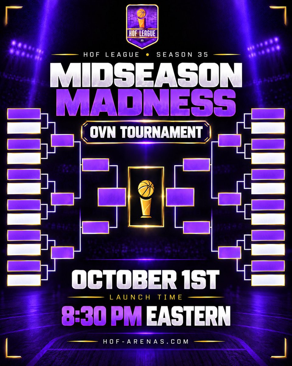 HOFLeague2K's tweet photo. 🏀 93 TEAMS. 2 DAYS. ONE CHAMPION. 🏆

HOF League Season 35 MIDSEASON MADNESS is coming! 🔥

📅 October 1st
⏰ 8:30 PM Eastern
⚔️ OVN Tournament

💰 Top two teams share the prize pool and earn automatic playoff eligibility.

Who’s surviving the madness? 👀 https://t.co/ST3MOvDAaT