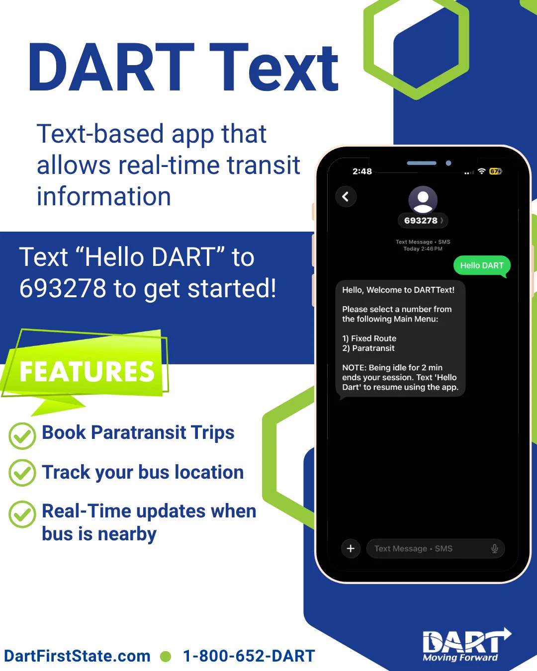 Graphic of phone with texts from DART Text, a text based app that allows real time transit information 