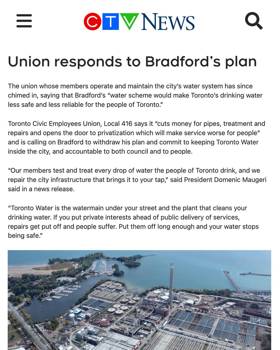 Local416's tweet photo. The people of Toronto deserve strong public services they can count on.

Brad Bradford’s water scheme will put the health and safety of our drinking water at risk.

We’re calling on Bradford to withdraw his shortsighted plan and commit to keeping Toronto Water inside the city, accountable to council and to the people of Toronto. 

Read the full article here: https://t.co/eOCjsUQZqk

#TOpoli #TorontoVotes