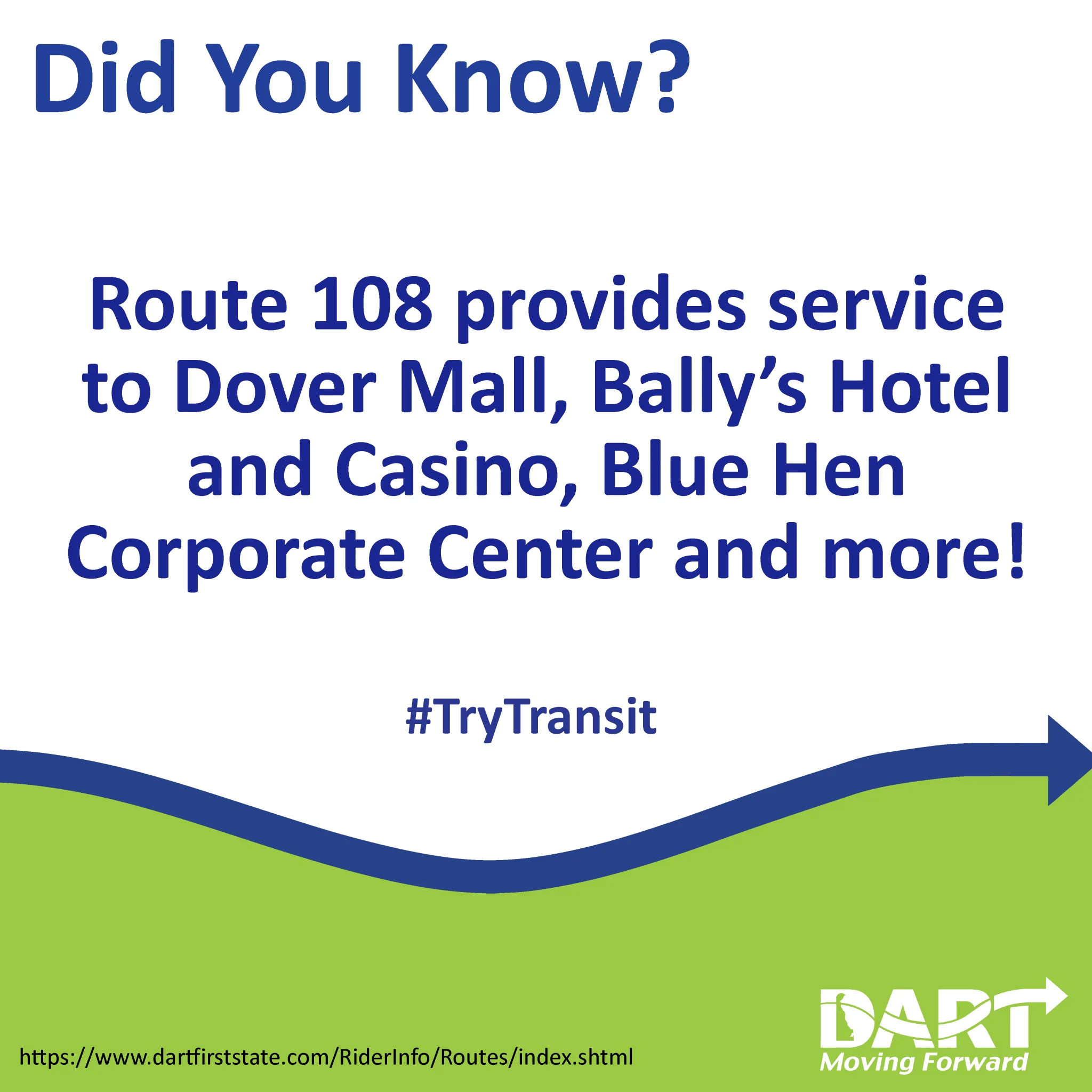 White and green background with text promoting the Route 108