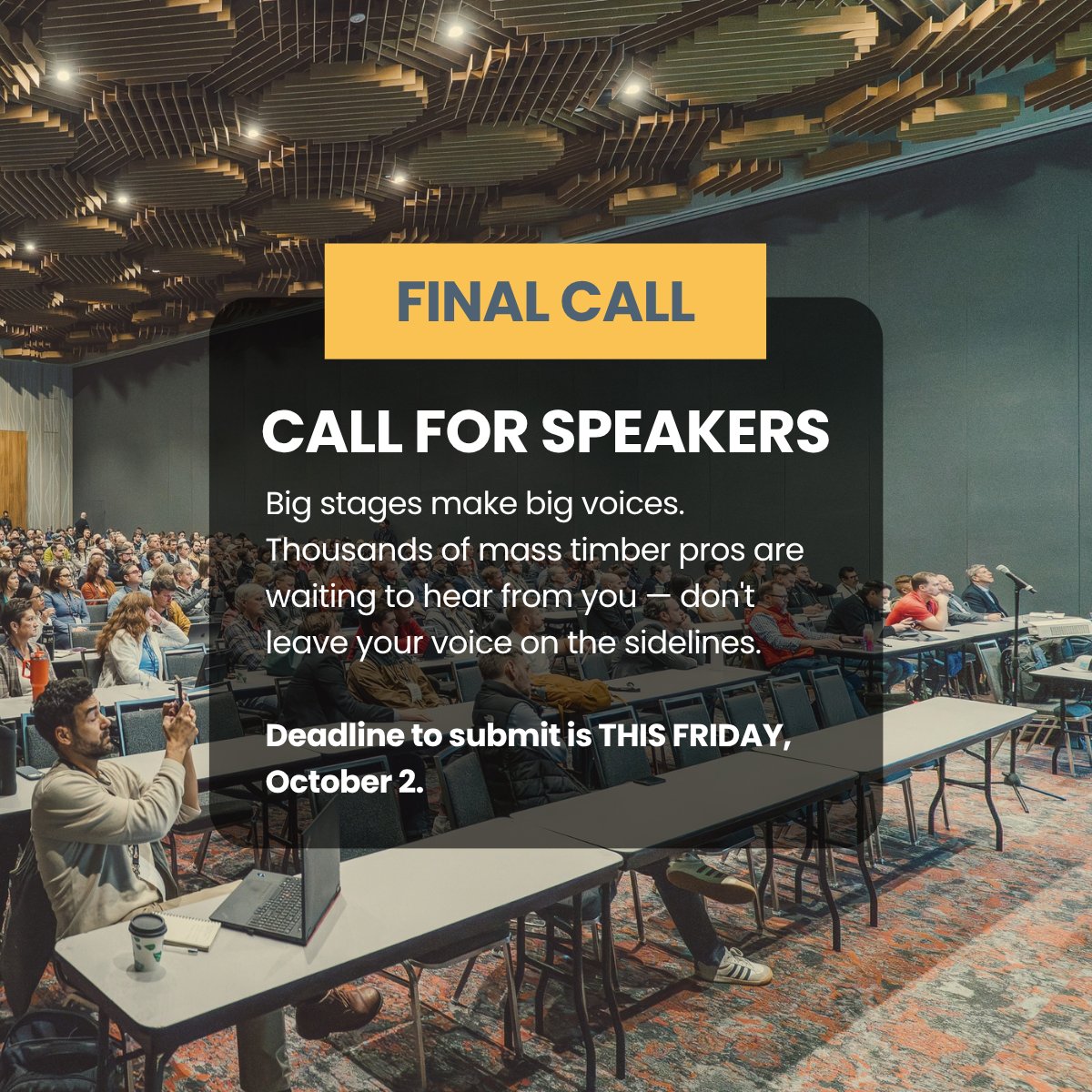 MassTimberConf's tweet photo. The 2027 Call for Speakers closes THIS FRIDAY, October 2.

Lead the conversation shaping mass timber's future. Thousands of decision-makers and mass timber pros need a voice they trust to break down the industry's important topics.

https://t.co/VD1YViKdWk

#masstimberconference https://t.co/VDlKVFab0f