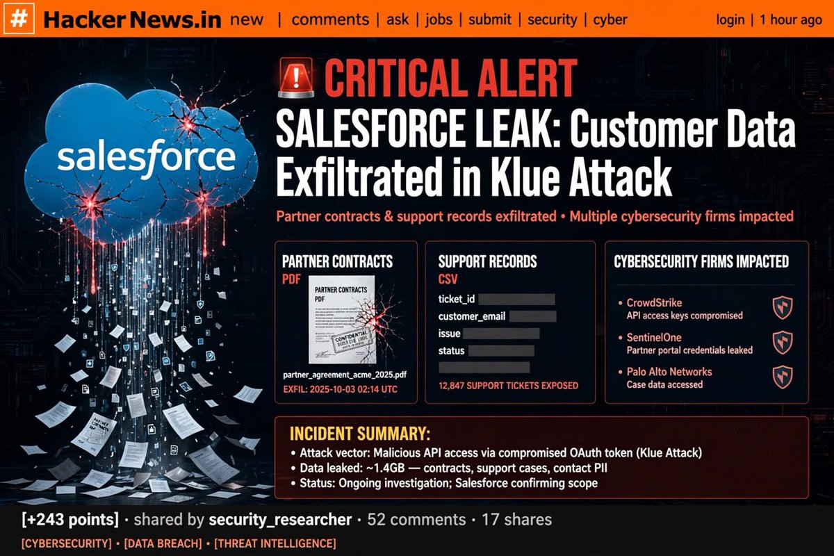 HackerrsNews's tweet photo. ⚠️ Salesforce data leaking via Klue compromise
1.4GB+ exfiltrated: contracts, support cases, PII. API keys of cyber firms exposed.
Trusted SaaS = attack path.
🔗 https://t.co/D2xoXAS1rP
#DataBreach #Salesforce #Klue #CyberAttack #DFIR #Infosec https://t.co/gyQ4NTsKg4