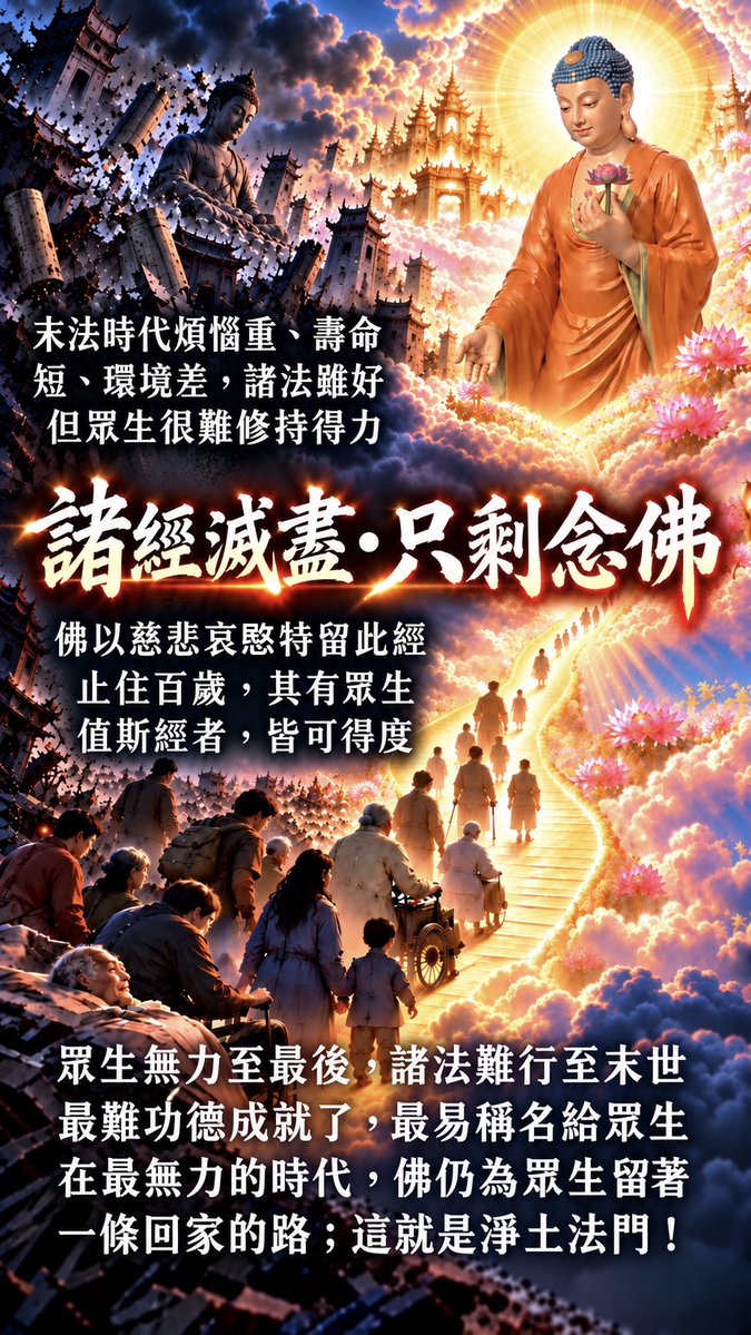 sdnftsdnftsdnft's tweet photo. 《撐到最後，還是淨土》
佛法八萬四千都好，難的是我們未必都做得到。眾生壽命有限、煩惱又重，工作家庭一忙：想修禪定，卻思緒飛颺；想斷惑證真，無量劫習氣就是一座大山壓得喘不過氣來；讀經常常不知所云而半途而廢；持戒不成功的墮落反彈更凶；這些Bugs已累生累世讓我們沉淪於六道，求出無門至今。
淨土法門可貴之處，在於不是等凡夫修成高手才來救。《觀經》顯示臨終念佛亦能蒙佛來迎，祖師更以「三念、五念」說明佛來迎之悲願與迅速。甚至到了經道滅盡，佛仍慈悲哀愍「特留此經，止住百歲」⋯為什麼？
就是連最後、最沒能力的眾生，阿彌陀佛也不讓他們沒有路回家。所以，淨土專列已經到站，何必還研究怎麼修鐵道、造車廂呢？我們只要一向專念「南無阿彌陀佛」，義無反顧，直接上車就好了！
