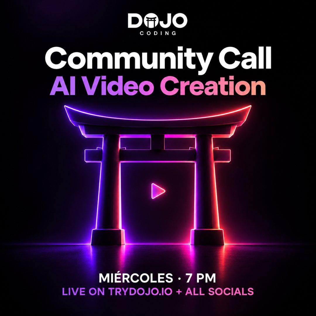 Dojo_Coding's tweet photo. Este miércoles a las 7 PM, Juan Guerrero nos mostrará cómo creó completamente con IA el exitoso video de Dojo Platform. Únete al Community Call en https://t.co/6fFfxkqEnE y en todas nuestras redes. https://t.co/KgqiHytYjP