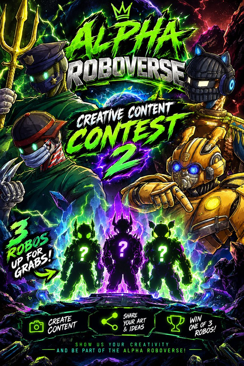 kryptochay's tweet photo. Well that was fun, so Lets do it Again!

🔥 ALPHA ROBOVERSE CREATIVE CONTENT CONTEST 2 🤖

Make some fire art, edits, memes, or clips using these Robos (the 3 prize NFTs in the graphic).

🎁 3 Alpha #Roboverse NFTs up for grabs

How to enter:
🔁 Like & RT this post
💬 Drop your creation in the comments

Grok picks the 3 winners. 🧠🏆

Community is the alpha. Show us what you got. Let’s go Roboverse ⚡