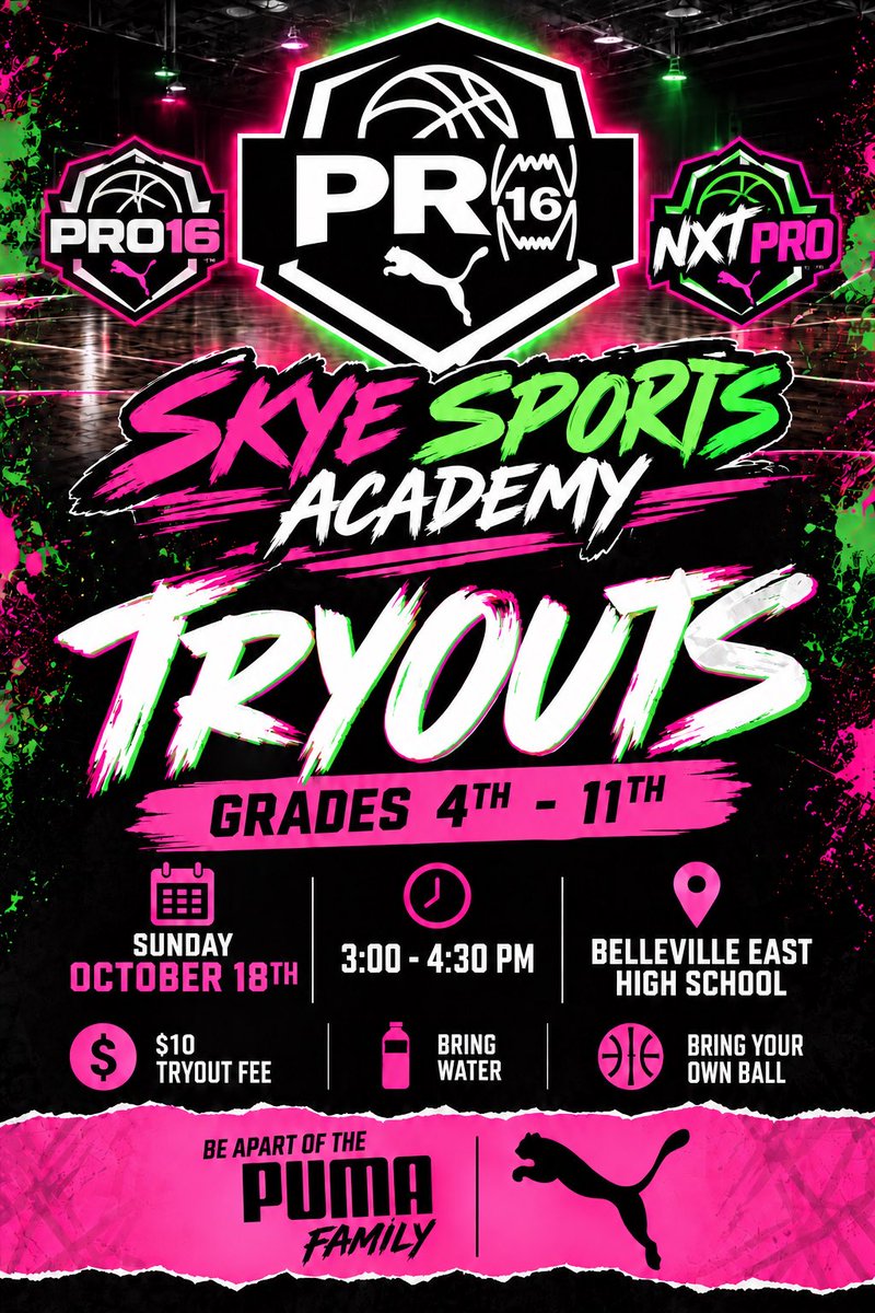 SkyeSportsAcade's tweet photo. 🏀 SSA TRYOUTS ARE HERE! 💗💚
Ready to compete at the next level? Skye Sports Academy is looking for hoopers in grades 4th–11th ready to WORK! 🔥
📅 Oct. 18 | ⏰ 3–4:30 PM
📍 Belleville East HS
💵 $10
🐆 PUMA PRO16 | NXTPro
#SkyeSportsAcademy #PRO16 #NXTPro #PUMA #AAUBball https://t.co/VJdfJq0QF5
