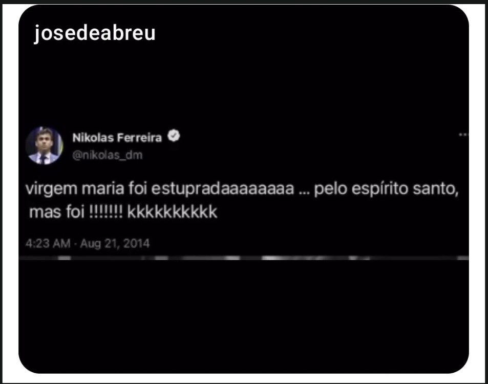 RossiniMac63503's tweet photo. Percebam o que essa desgraça chamada Nikolas Ferreira disse: "que a Virgem Maria foi estuprada pelo Espírito Santo"... Isso é devastadoramente horrível. https://t.co/CgdwjfFBgO