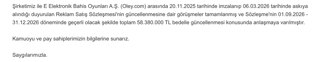 NoMan65125's tweet photo. Maçkolik ve Oley arasında askıya alınan sözleşmenin güncellemesine dair KAP bildirimi geldi. 4. çeyrek özelinde 58.380.000 TL bedelle anlaşmışlar. 4. Çeyrek liglerin peak dönemi olmadığı için bu rakama yıllıklandırılmış şekilde bakmak yanıltıcı olabilir fikrindeyim. Geçen sene Kasım ayında 2026 yılı için sözleşme gelmişti. Bakalım 2027 yılı için ayrı bir sözleşme gelecek mi?   #Macko