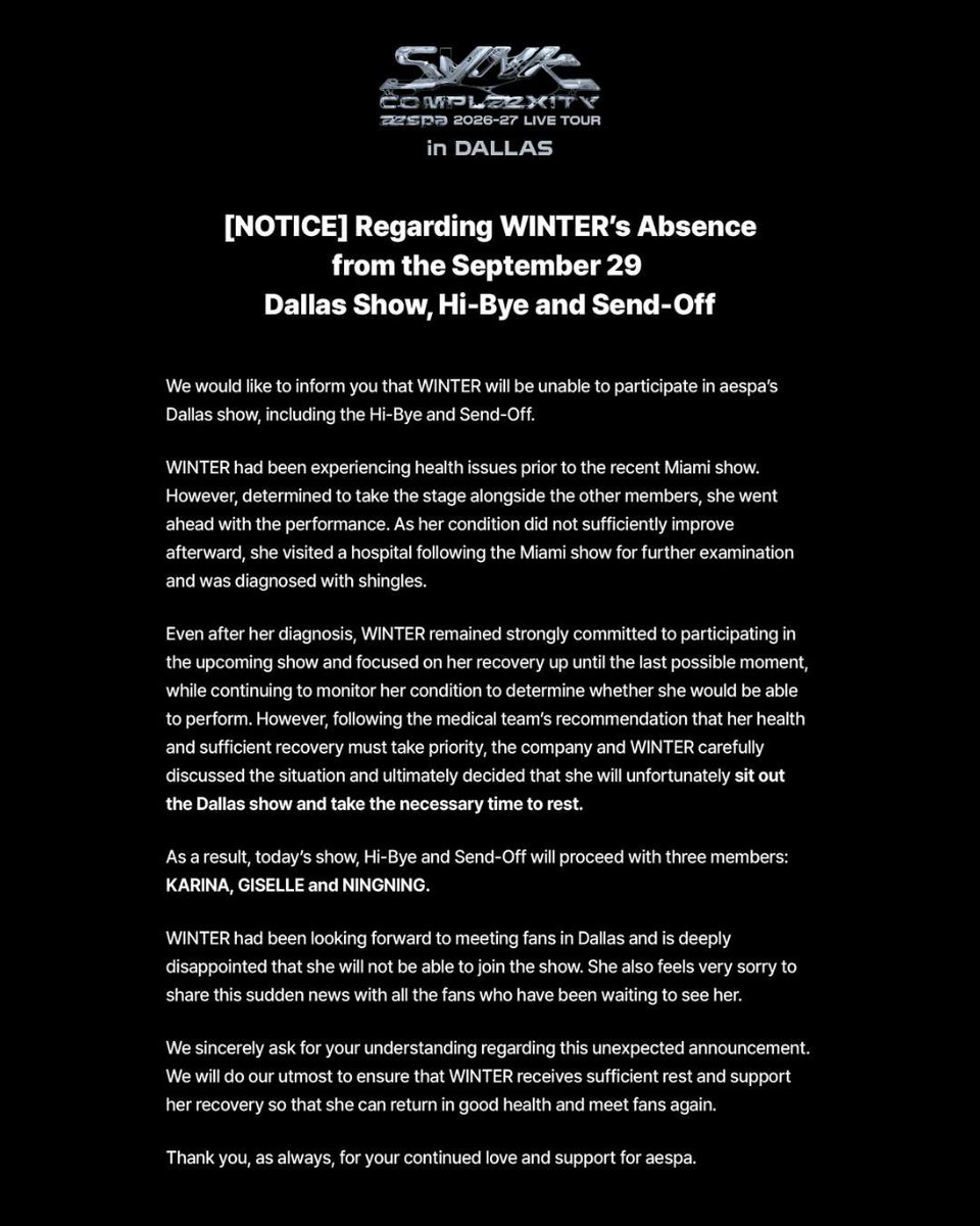 WINTER_THAILAND's tweet photo. 📢 ประกาศ ❗น้องหนาวจะไม่เข้าร่วมคอนเสิร์ต 2026-27 aespa LIVE TOUR - SYNK : COMPLæXITY – in DALLAS รวมถึงช่วง Hi-Bye and Send-Off เนื่องจากได้รับการวินิจฉัยว่าเป็นงูสวัด (Shingles)

วินเทอร์ยังคงมุ่งมั่นที่จะเข้าร่วมการแสดง และเน้นที่การฟื้นตัวจนถึงนาทีสุดท้าย แต่หลังจากทีมแพทย์แนะนำว่าสุขภาพและการพักฟื้นที่เพียงพอต้องมีความสำคัญเป็นอันดับแรก ในที่สุดจึงตัดสินใจว่าไม่สามารถเข้าร่วมการแสดงใน Dallas ได้ และจำเป็นต้องใช้เวลาพักผ่อนให้เพียงพอ

วินเทอร์ตั้งตารอที่จะได้พบกับแฟนคลับ  และรู้สึกผิดหวังอย่างยิ่งที่ไม่สามารถเข้าร่วมการแสดงได้ เธอยังรู้สึกเสียใจอย่างมากที่ต้องแจ้งข่าวนี้ให้แฟน ๆ ทุกคนที่ตั้งตารอพบเธอทราบ

ขอให้น้องหนาวหายป่วยไว ๆ นะคะ คุณแม่น้องโปเนียวแข็งแรงเข้มแข็งและเก่งที่สุดเลย 🥺💪

#GetWellSoonWINTER