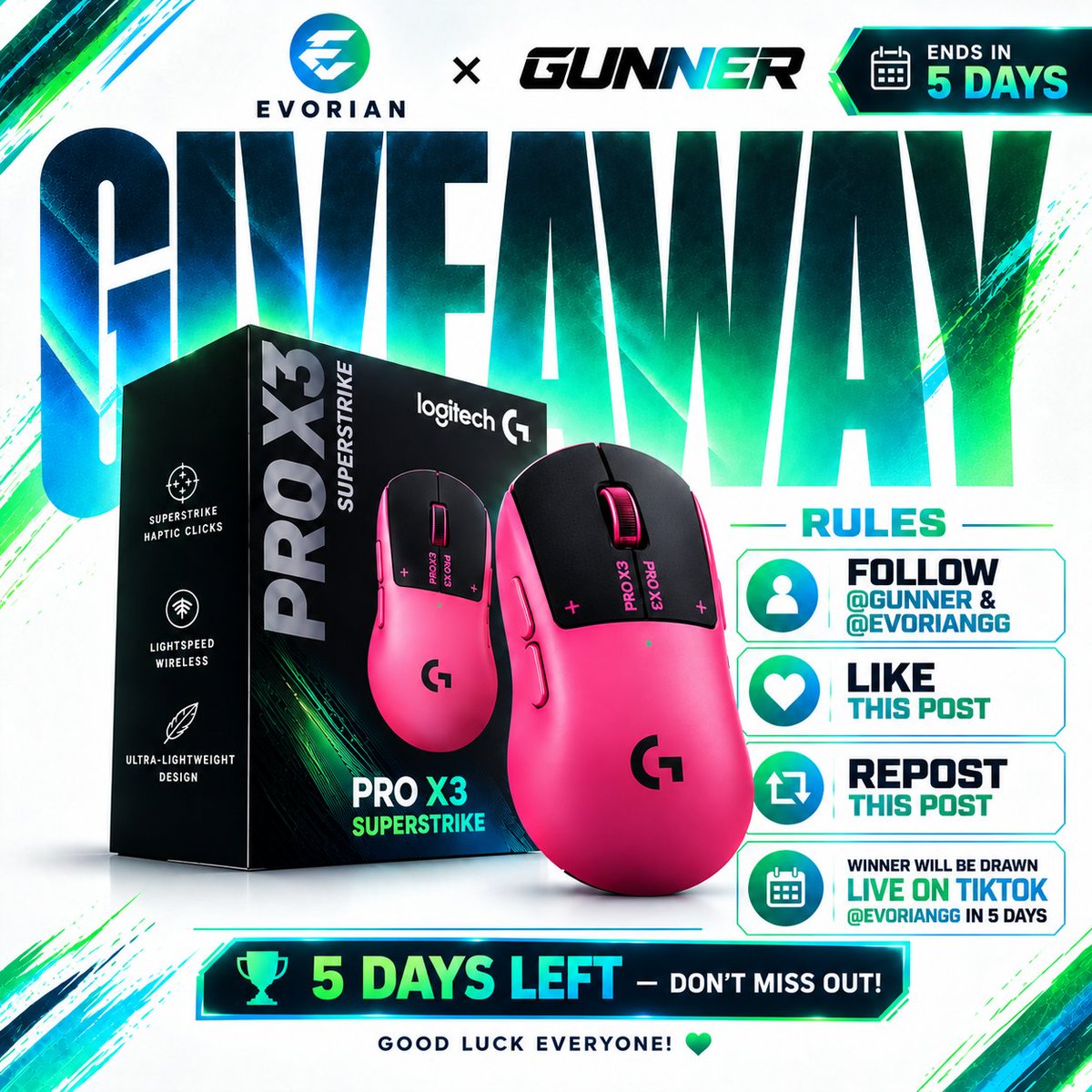 gunnergr1's tweet photo. 🎁 ONLY 5 DAYS LEFT! ⏳🔥

The GUNNER x EVORIAN giveaway is getting closer to the end!

🏆One lucky winner will take home the brand-new Logitech G PRO X3 SUPERSTRIKE!🖱️

📌 Haven’t entered yet?
Check the pinned post and make sure you’re in!

GOOD LUCK!💛💜
#giveaway #logitech #fn https://t.co/OXsGadf4GS