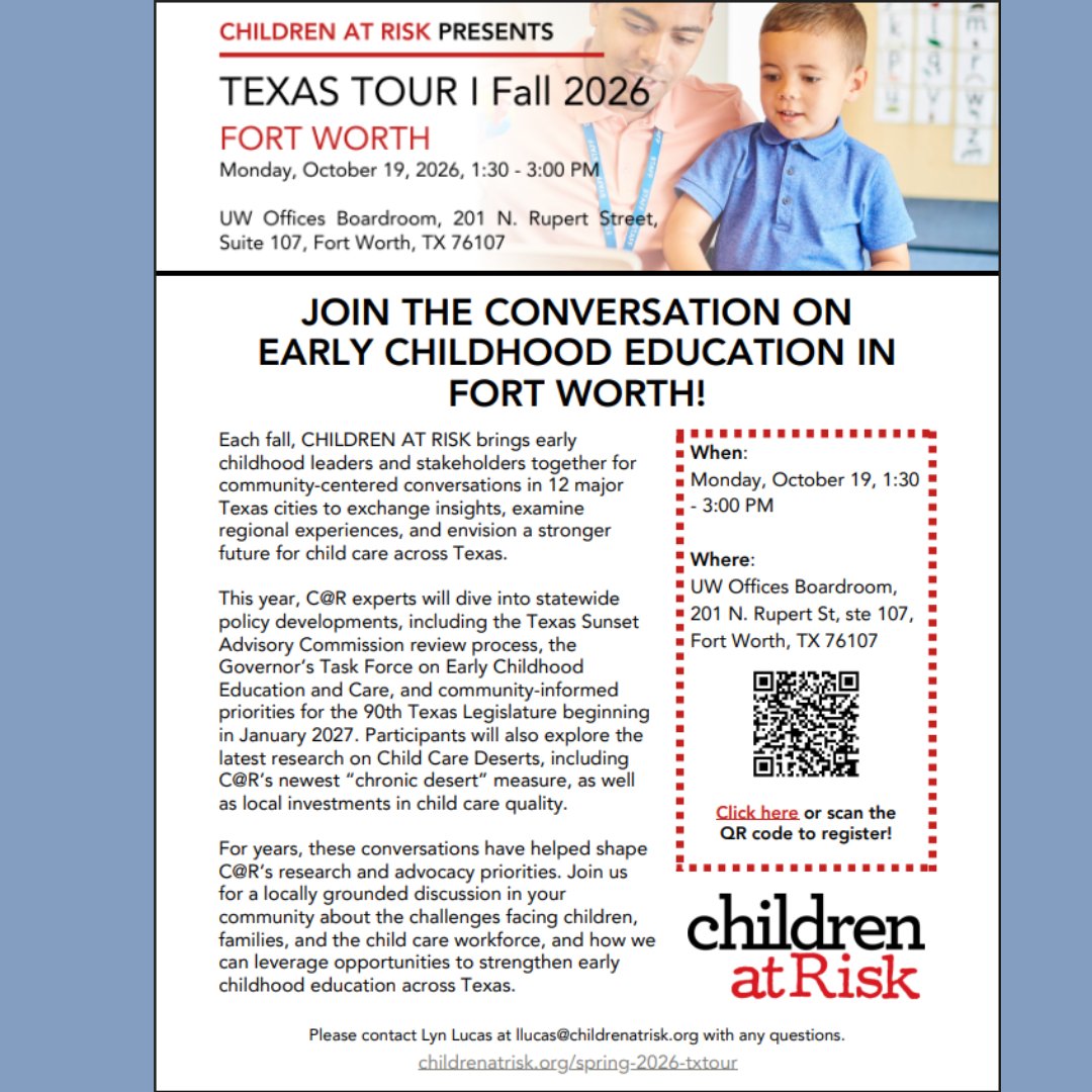 earlylearningtx's tweet photo. 📣 ELA is so proud to be hosting CHILDREN AT RISK’s Fall 2026 Texas Tour in Fort Worth!

⚠️ Seats are limited, so be sure to register!

Scan the QR Code to Register for the Fort Worth Fall 2026 Texas Tour! https://t.co/pg1fZu68Dw