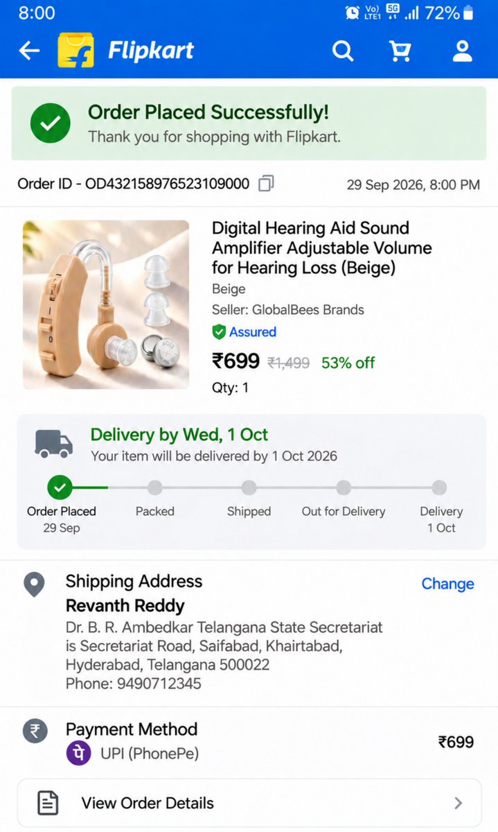 BJYMinTG's tweet photo. Consider it done! 🦻😂

Team BJYM Telangana has ordered a hearing aid online for CM Revanth Reddy Garu, with delivery requested at his office in the Secretariat. 📦🏛️

Time for a software + hardware upgrade! 😄 .Your hearing aid is on the way, CM Garu. Please check the Secretariat delivery! 🦻📦🚩