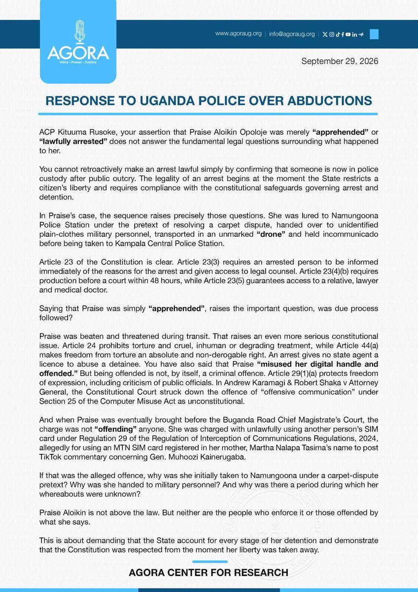AAgather's tweet photo. We thought to remind @mkituuma of the law he and the institution he represents are supposed to enforce. @AloikinOpoloje and many other Ugandans have not been lawfully arrested as the law demands. They are abducted, and on many occasions aided by @PoliceUg. #FreePraiseAloikin https://t.co/invrxRD7AB