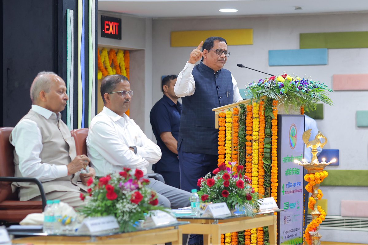 KiritkrJPatel's tweet photo. It was a pleasure to attend the 4th Annual General Meeting of Bharat Beej Sahakari Samiti Limited (BBSSL) at IFFCO Sadan, New Delhi. With over 12,000 delegates joining virtually and 200 delegates attending physically, the AGM reflected the strong participation and collective commitment of the cooperative sector towards strengthening Indian agriculture. I was honoured to address delegates from across the country and highlight the growing importance of food security and sustainable agricultural productivity. To meet the evolving needs of our farmers and the nation, we must focus on improving soil nutrition and seed quality; the two critical foundations for enhancing both the quality and quantity of agricultural yields.

My best wishes to Sh. Yogendra Kumar, Chairman, BBSSL, and all the delegates and stakeholders working towards building a stronger, more resilient and self-reliant agricultural ecosystem.
Together, through cooperation, innovation and scientific advancement, we can contribute meaningfully to the future of Indian agriculture.

@bharatiyabeej @MinOfCooperatn @AgriGoI @iffcoyogendra @IFFCO_Coop