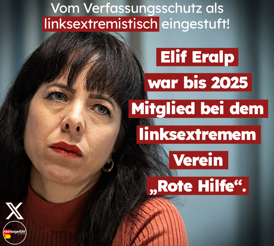 HeimatliebeDE's tweet photo. UNFASSBAR!
Der neue Superstar der Linken in Berlin, Elif Eralp, war jahrelang Mitglied bei dem linksextremen Verein „Rote Hilfe“.
Dieser Verein wurde vom Verfassungsschutz als linksextremistisch eingestuft.
„Der Verfassungsschutz bezeichnet die „Rote Hilfe“ als die größte und eine der wichtigsten Gruppierungen im deutschen Linksextremismus.“
Ich denke, mehr muss man über Elif Eralp nicht wissen. Es sagt alles über eine Person aus, die in solch einem „Verein“ Mitglied war. Bis 2025.