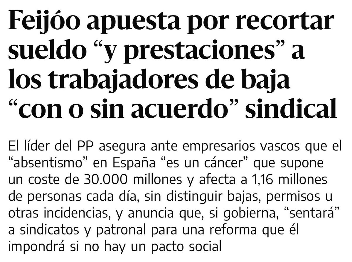 oscar_puente_'s tweet photo. Entonces la agenda de Feijóo(no oculta) es:
1.- Congelación o reducción del salario mínimo.
2.- Recortar sueldo y prestaciones a los trabajadores de baja laboral.
3.- Ampliar el límite de horas extra por trabajador.
4.- Permitir que las mutuas den las altas laborales. https://t.co/hk3rD4F7VD