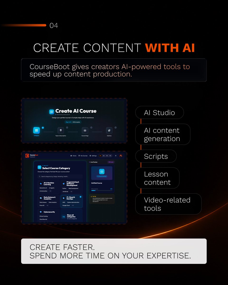 CourseBoot's tweet photo. CourseBoot is officially live. 🟠

And this is your new command center for building online courses.

AI Course Builder. Lessons. AI Voice & Avatars. Quizzes. Practice. Students. Analytics. Publishing.

One dashboard. One platform.

Your knowledge → a complete learning product. 🚀