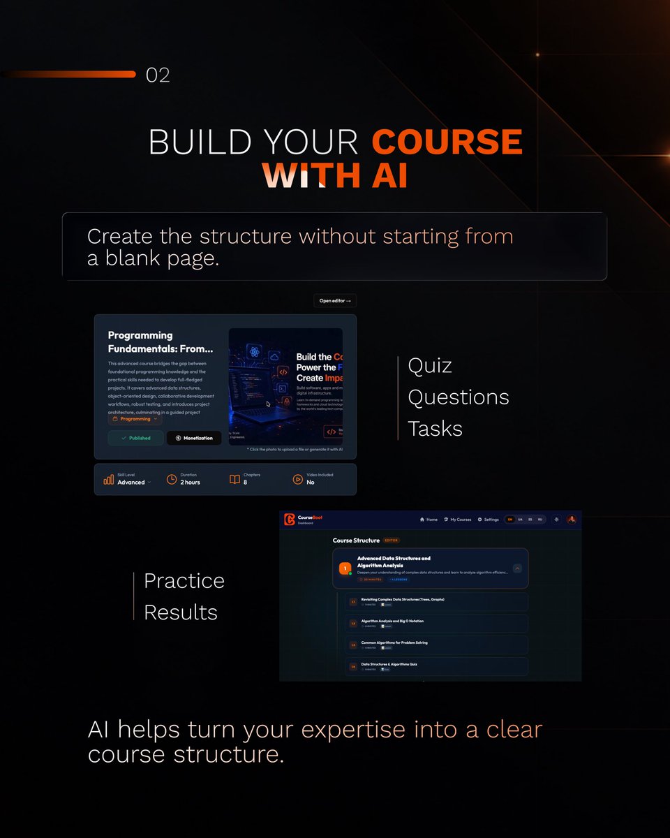 CourseBoot's tweet photo. CourseBoot is officially live. 🟠

And this is your new command center for building online courses.

AI Course Builder. Lessons. AI Voice & Avatars. Quizzes. Practice. Students. Analytics. Publishing.

One dashboard. One platform.

Your knowledge → a complete learning product. 🚀