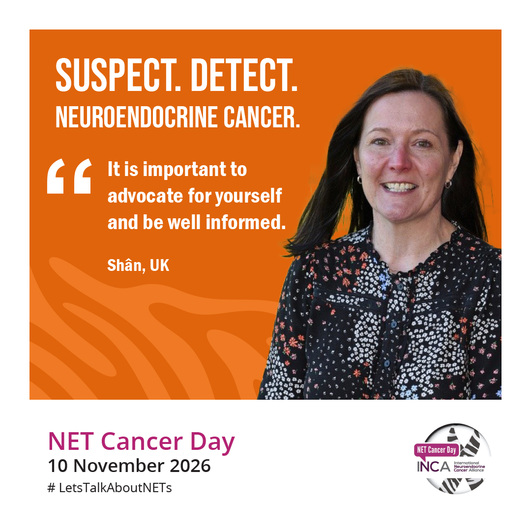 netcancerday's tweet photo. #NETCancerDay is on November 10th. 
Early NET detection is vital. 
📌Shân from UK was diagnosed with pNET only 7 months after the first symptoms. 
✅Read and share her story: https://t.co/g4vbBMkJaE 
📌Check out INCA’s campaign resources in multiple languages: https://t.co/ieoQyMder4
#LetsTalkAboutNETs