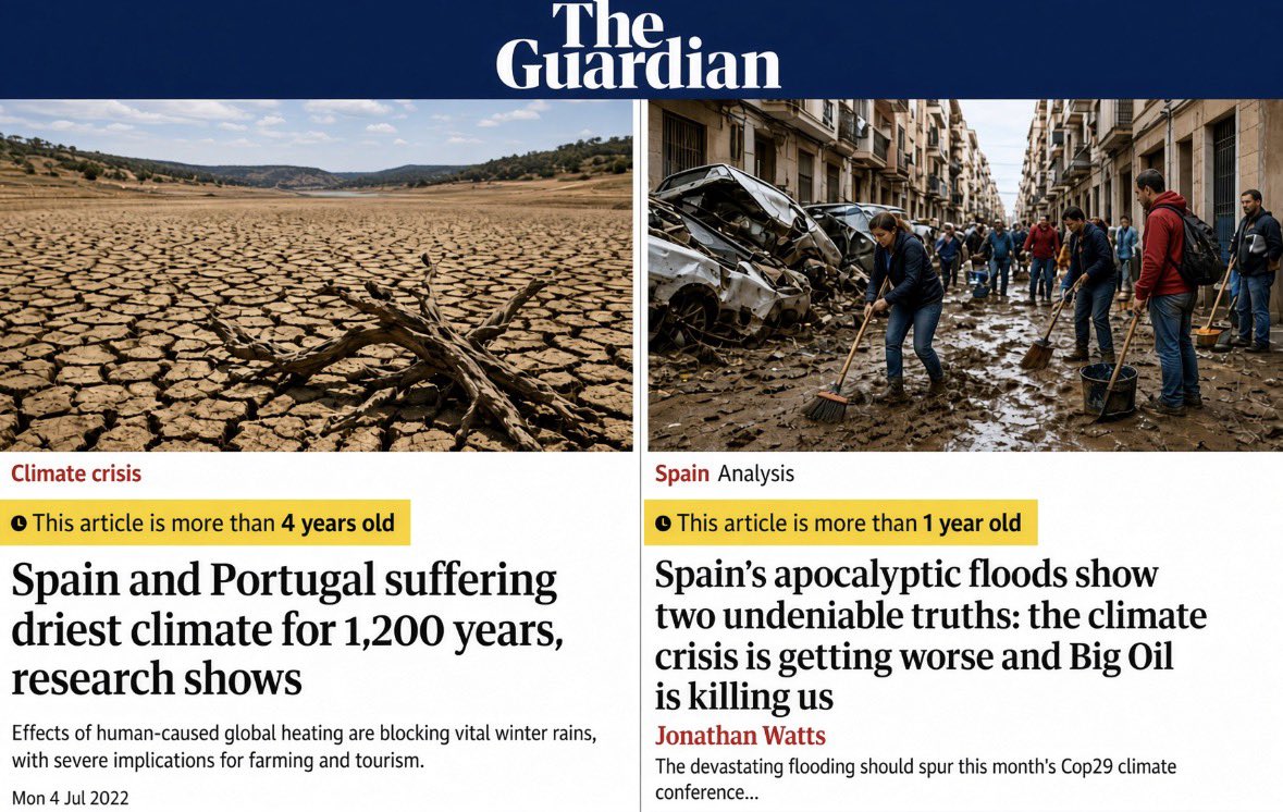 ChrisMartzWX's tweet photo. Get this. 🤣 

Four years ago, The Guardian claimed that Spain and Portugal are becoming too dry thanks to anthropogenic climate change.

However, after the devastating floods in fall 2024, The Guardian said that Spain is becoming too wet because of climate change.

The observational data, however, tell a different story. A recent study published in Nature in March 2025 analyzed long-term rainfall data in the Mediterranean and found that no statistically significant long-term trends exist in the whole.

🗨️ “𝐻𝑒𝑟𝑒 𝑤𝑒 𝑠ℎ𝑜𝑤 𝑡ℎ𝑎𝑡 𝑀𝑒𝑑𝑖𝑡𝑒𝑟𝑟𝑎𝑛𝑒𝑎𝑛 𝑝𝑟𝑒𝑐𝑖𝑝𝑖𝑡𝑎𝑡𝑖𝑜𝑛 ℎ𝑎𝑠 𝑙𝑎𝑟𝑔𝑒𝑙𝑦 𝑟𝑒𝑚𝑎𝑖𝑛𝑒𝑑 𝑠𝑡𝑎𝑡𝑖𝑜𝑛𝑎𝑟𝑦 𝑓𝑟𝑜𝑚 1871 𝑡𝑜 2020, 𝑎𝑙𝑏𝑒𝑖𝑡 𝑤𝑖𝑡ℎ 𝑠𝑖𝑔𝑛𝑖𝑓𝑖𝑐𝑎𝑛𝑡 𝑚𝑢𝑙𝑡𝑖-𝑑𝑒𝑐𝑎𝑑𝑎𝑙 𝑎𝑛𝑑 𝑖𝑛𝑡𝑒𝑟𝑎𝑛𝑛𝑢𝑎𝑙 𝑣𝑎𝑟𝑖𝑎𝑏𝑖𝑙𝑖𝑡𝑦… 𝑊ℎ𝑖𝑙𝑒 𝑡𝑟𝑒𝑛𝑑𝑠 𝑐𝑎𝑛 𝑏𝑒 𝑖𝑑𝑒𝑛𝑡𝑖𝑓𝑖𝑒𝑑 𝑓𝑜𝑟 𝑠𝑜𝑚𝑒 𝑝𝑒𝑟𝑖𝑜𝑑𝑠 𝑎𝑛𝑑 𝑠𝑢𝑏𝑟𝑒𝑔𝑖𝑜𝑛𝑠, 𝑜𝑢𝑟 𝑓𝑖𝑛𝑑𝑖𝑛𝑔𝑠 𝑎𝑡𝑡𝑟𝑖𝑏𝑢𝑡𝑒 𝑡ℎ𝑒𝑠𝑒 𝑡𝑟𝑒𝑛𝑑𝑠 𝑝𝑟𝑖𝑚𝑎𝑟𝑖𝑙𝑦 𝑡𝑜 𝑎𝑡𝑚𝑜𝑠𝑝ℎ𝑒𝑟𝑖𝑐 𝑑𝑦𝑛𝑎𝑚𝑖𝑐𝑠, 𝑤ℎ𝑖𝑐ℎ 𝑤𝑜𝑢𝑙𝑑 𝑏𝑒 𝑚𝑜𝑠𝑡𝑙𝑦 𝑙𝑖𝑛𝑘𝑒𝑑 𝑡𝑜 𝑖𝑛𝑡𝑒𝑟𝑛𝑎𝑙 𝑣𝑎𝑟𝑖𝑎𝑏𝑖𝑙𝑖𝑡𝑦.”

🔗 https://t.co/yvnXcLz0qy

Interestingly, in Spain, there has been little trend in rainfall since 1871. However, if the analysis starts in 1951, there is a significant decrease (p <0.05), while starting in 1981 yields a statistically significant increase (p <0.05).

This just goes to show that people (like the writers at The Guardian) can manipulate data to get a desired trend to suit a specific narrative.