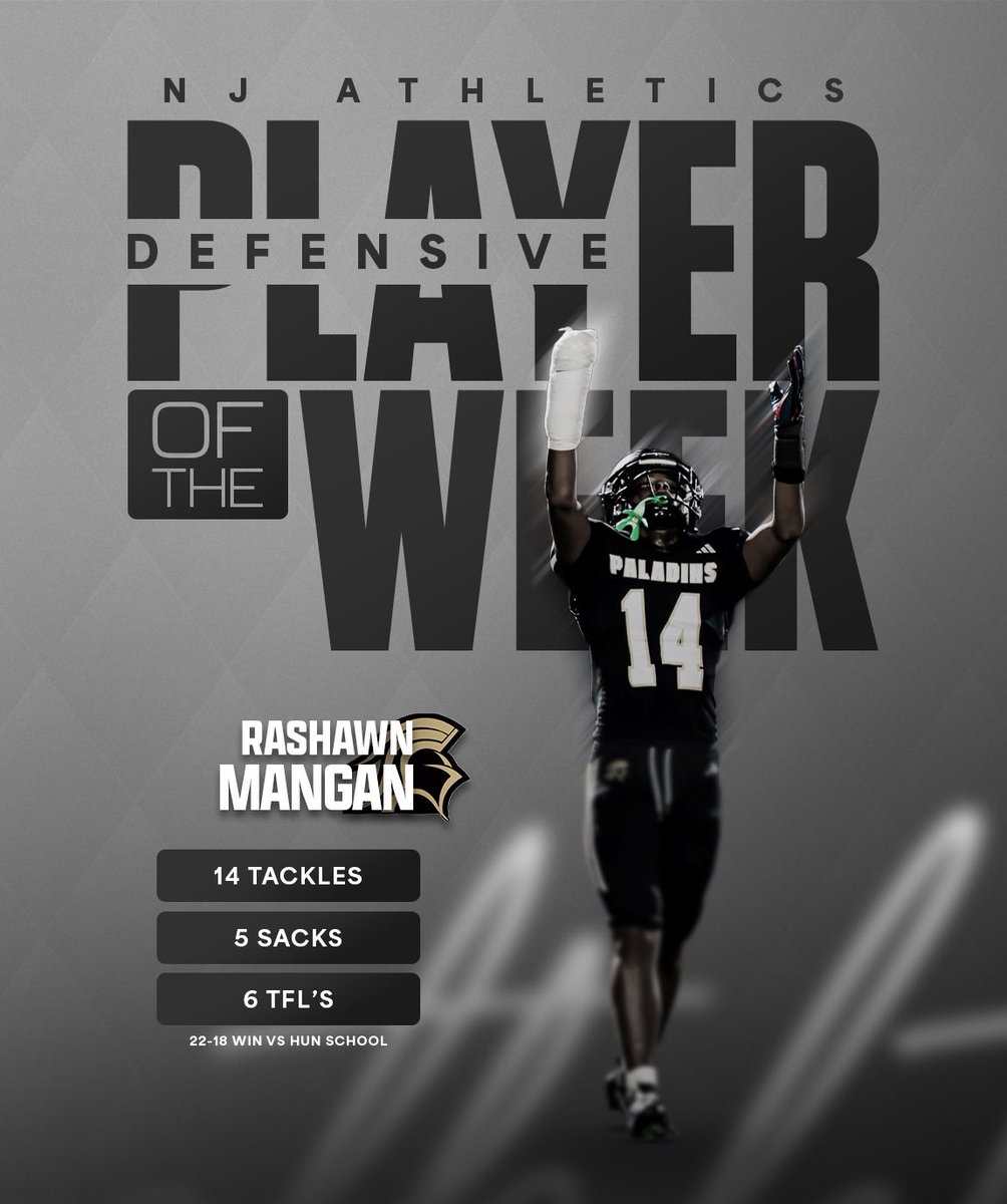 nj_athletics's tweet photo. Excited to share our Players of the Week on each side of the ball. Jeremy Duran puts on an offensive showdown with 6 total TDs, while Rashawn Mangan lifts the Paladins to a defensive win over Hun School 🙌 https://t.co/zlLtvmwhQq