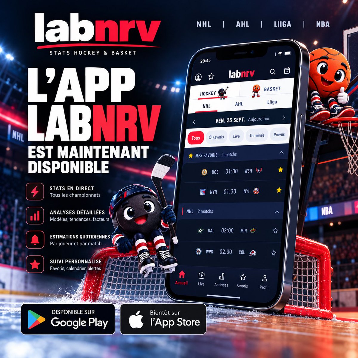 Labnrv's tweet photo. 🚨 L’app LABNRV est disponible sur Android !

🏒 NHL • AHL • Liiga
🏀 NBA
📊 Scores, stats, analyses et estimations, directement dans ta poche.

📲 Disponible maintenant sur Google Play
🍎 Bientôt sur l’App Store

👉 https://t.co/9Y6pIDIc07 https://t.co/oDQ1Ne9D9Z