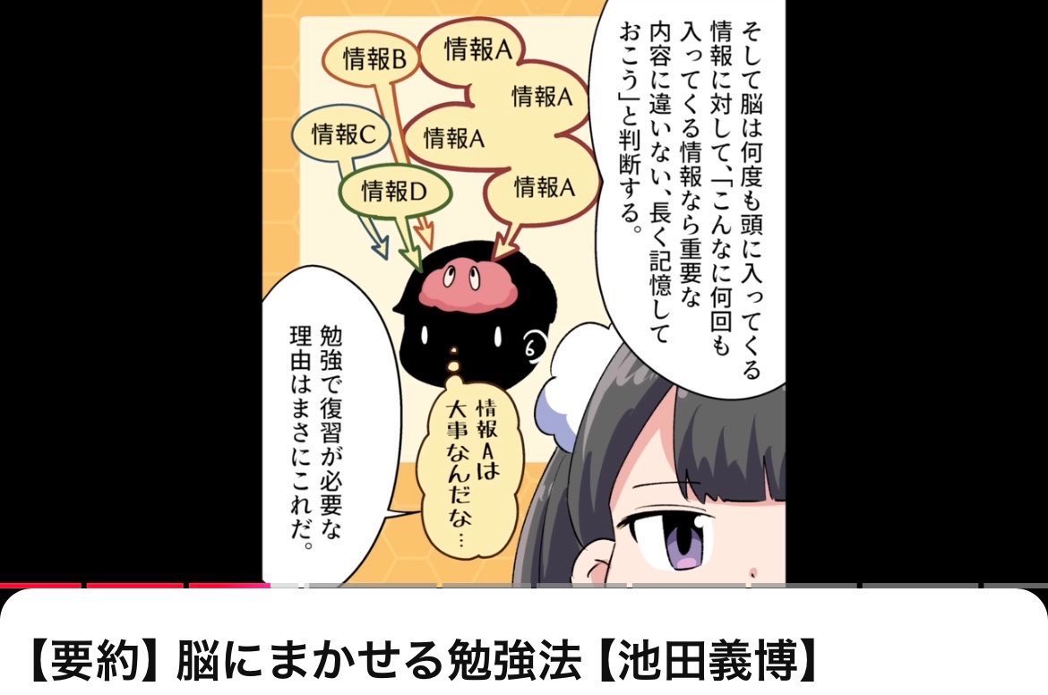 momonga_ol's tweet photo. 日本記憶力選手権大会で6年連続日本一の実績を持つ池田義博さんの、脳に任せる勉強法がすごい...👇

・脳は本来「忘れるもの」と理解する
　→一度で覚えようとせず、復習を繰り返して「重要な情報だ」と脳に錯覚させることが重要

・ペンキ塗りのように勉強する
　→1回で完璧にしようとせず、薄い記憶を何度も塗り重ねるように学習範囲を繰り返すのが効率的

・3サイクル反復速習法
　→ページを「1→1→2」というように、一歩下がって二歩進むリズムで3回ずつ復習を繰り返す手法

・ 1分間ライティング
　→翌日に前日の学習内容を1分間で書き出すことで、記憶の定着度を確認し、覚えていない箇所をピンポイントで復習

凡人OLの私でもできそう...☺️🫶
