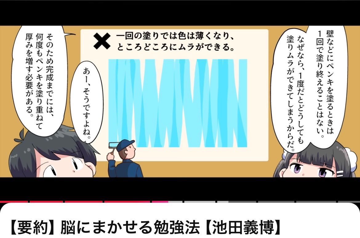 momonga_ol's tweet photo. 日本記憶力選手権大会で6年連続日本一の実績を持つ池田義博さんの、脳に任せる勉強法がすごい...👇

・脳は本来「忘れるもの」と理解する
　→一度で覚えようとせず、復習を繰り返して「重要な情報だ」と脳に錯覚させることが重要

・ペンキ塗りのように勉強する
　→1回で完璧にしようとせず、薄い記憶を何度も塗り重ねるように学習範囲を繰り返すのが効率的

・3サイクル反復速習法
　→ページを「1→1→2」というように、一歩下がって二歩進むリズムで3回ずつ復習を繰り返す手法

・ 1分間ライティング
　→翌日に前日の学習内容を1分間で書き出すことで、記憶の定着度を確認し、覚えていない箇所をピンポイントで復習

凡人OLの私でもできそう...☺️🫶
