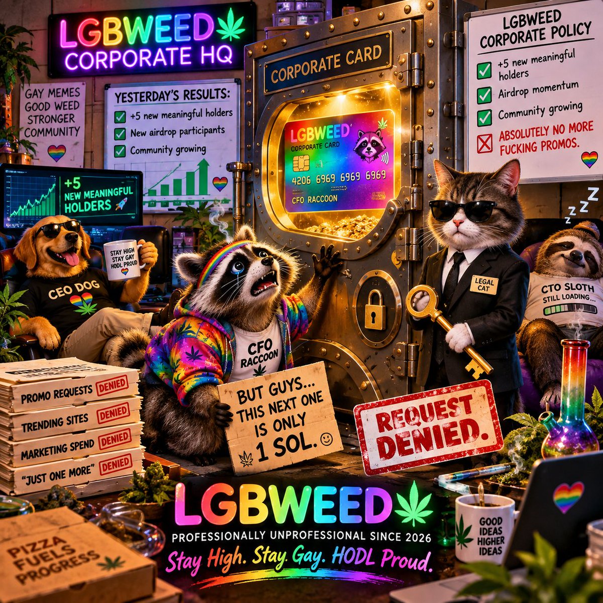 LGBWeed's tweet photo. 🚨🌈🌿 LGBWEED CORPORATE UPDATE

Yesterday:

📈 +5 new meaningful holders
🎁 New Airdrop participants
🌿 The smoke circle grew

Naturally, CFO Raccoon's first recommendation was:

“DO IT AGAIN BUT BIGGER.” 🦝💳

The Board has confiscated his corporate card.

We're letting the results cook. 😎

Stay High. Stay Gay. HODL Proud.

solana:E5iDD4kt9gDxTaAeoCNeN3CcZAWB7FvbPXwqJuuHpump