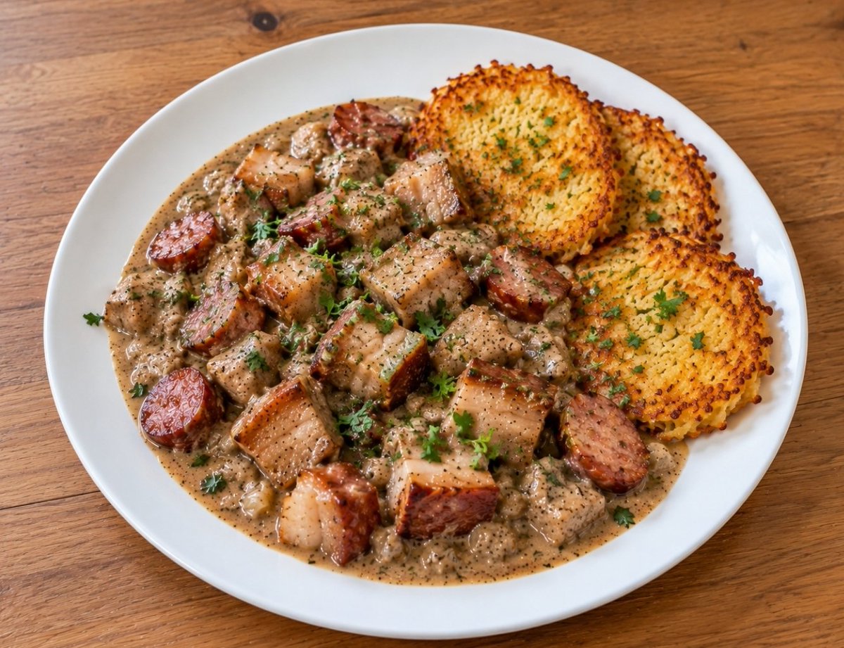Frost8294's tweet photo. 🍽️ Comfort food at its finest! Creamy, savory Machanka with tender pork, smoky sausage, and crispy golden potato pancakes. 🤤✨ #HeartyMeal https://t.co/GyfYtWKU2d
