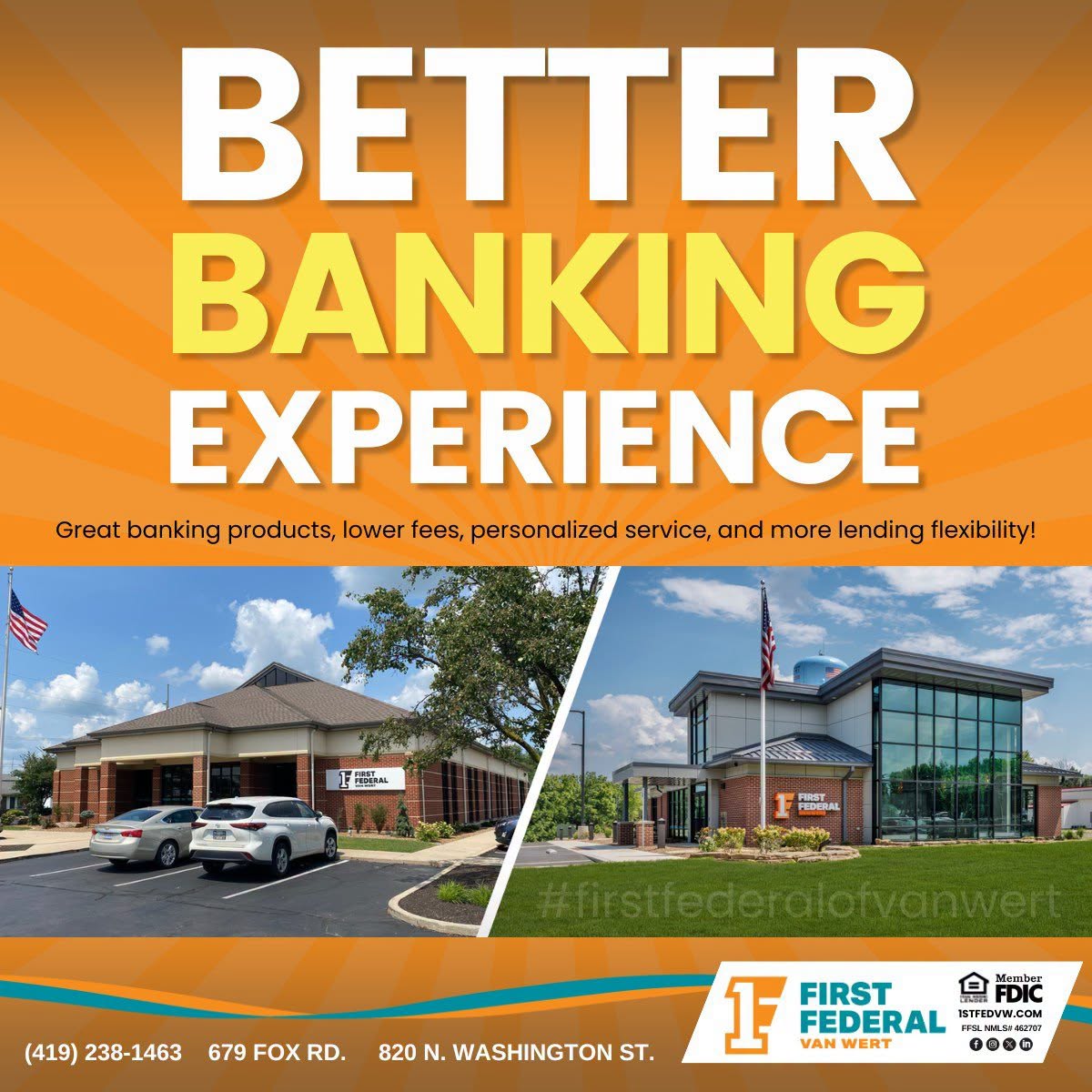 FirstFedVW's tweet photo. As the only locally owned #communitybank in #VanWertOH, we are proud to offer you a better banking experience! 
- great banking products
- lower fees
- personalized service
- and more lending flexibility

https://t.co/3qaLkN1oAr

#firstfederalofvanwert #betterbankingexperience https://t.co/VLq6AWQC0Z