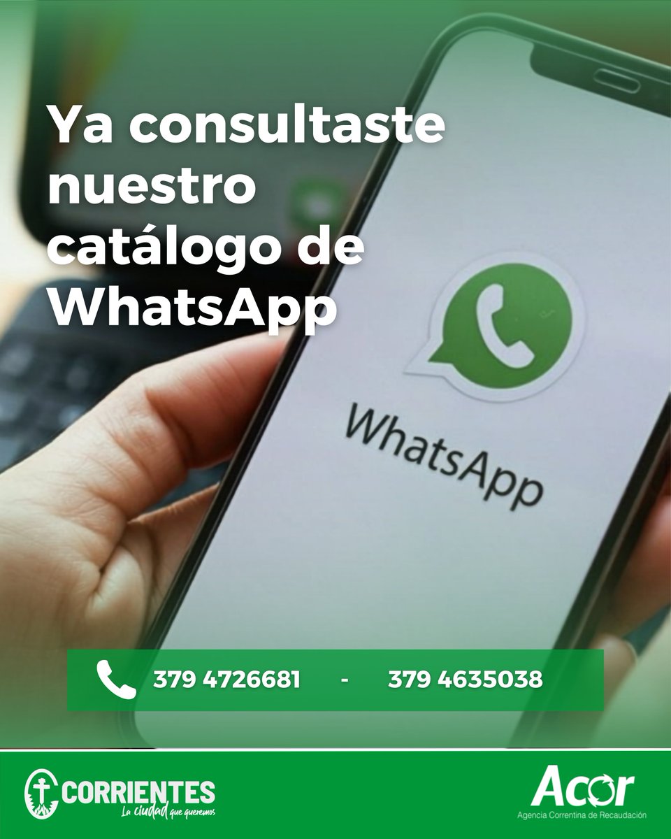 Acorctes's tweet photo. 📲 ¿Ya consultaste nuestro catálogo de WhatsApp?
Encontrá información y gestiones de ACOR de manera rápida y simple. 💙
¡Consultalo cuando lo necesites!
#ACOR #WhatsApp #CatálogoDigital #TrámitesOnline #GestiónDigital #Corrientes https://t.co/Ebaddiccih