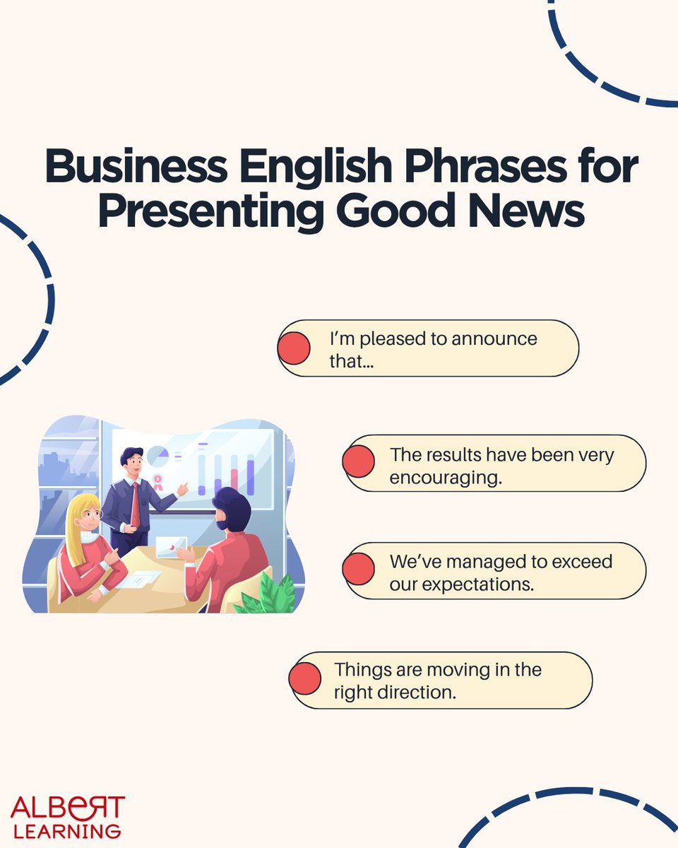 Albert_Learning's tweet photo. Whether you’re sharing strong results, celebrating a successful project, or announcing a positive update, knowing the right Business English phrases can help you communicate with confidence and professionalism.

#BusinessEnglish #LearnEnglish #EnglishAtWork #AlbertLearning https://t.co/BF4ElhzkWD