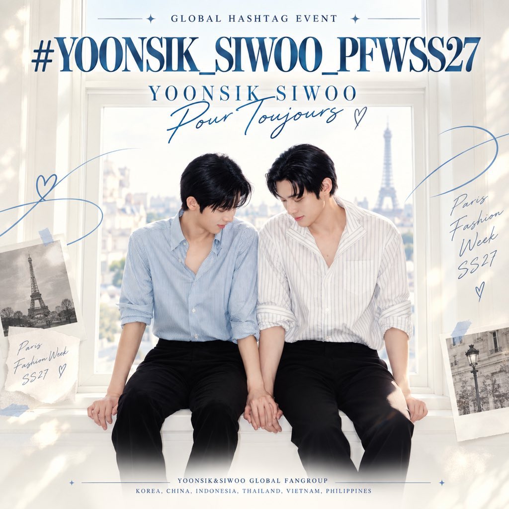 Yeutraidep123's tweet photo. 🌎 GLOBAL TRENDING PROJECT
🇫🇷 YOONSIK & SIWOO AT PARIS FASHION WEEK SS27

Với sự kết hợp của 6 fanbase quốc tế đến từ 
Việt Nam, Hàn Quốc, Thái Lan, Indonesia, Trung Quốc và Philippines.
🇻🇳🇰🇷🇹🇭🇮🇩🇨🇳🇵🇭

Global Trending Project dành cho Kim Yoonsik & Park Siwoo sẽ chính thức khởi động trên nền tảng X.

Hãy cùng nhau lan tỏa những khoảnh khắc của Yoonsik & Siwoo tại Paris và tạo nên một làn sóng ủng hộ thật đẹp dành cho hai người trong mùa Paris Fashion Week lần này. 

🩵 HASHTAG CHÍNH THỨC
# YOONSIK_SIWOO_PFWSS27 

💜 KEYWORDS CHÍNH THỨC
YOONSIK SIWOO Pour Toujours

⏰ THỜI GIAN BẮT ĐẦU
📅 30.09.2026
🇰🇷 07:00 KST| Giờ Hàn
🇻🇳 05:00 ICT | Giờ Việt Nam

⚠️ KHÔNG sử dụng HASHTAG & KEYWORDS trước thời gian trên.
Mọi người có thể chuẩn bị sẵn nội dung và cùng bắt đầu khi project chính thức khởi động.

📌 CÁCH SỬ DỤNG HASHTAG
Tùy theo lịch trình và thông tin chính thức từ thương hiệu:

① Nếu Yoonsik & Siwoo cùng tham dự một thương hiệu:
# YOONSIK_SIWOO_PFWSS27 
# YOONSIK_SIWOO_[BRAND]_PFWSS27 
#KIMYOONSIK 
#PARKSIWOO 

② Nếu Yoonsik & Siwoo tham dự các thương hiệu khác nhau:
# YOONSIK_SIWOO_PFWSS27 
# KIMYOONSIK_BRAND 
# PARKSIWOO_BRAND 

📢 Hashtag thương hiệu và hashtag cá nhân sẽ được cập nhật ngay khi có thông tin chính thức.

📣 TRENDING GUIDELINE

🔥 TRƯỚC GIỜ TREND
• Không sử dụng hashtag & keywords chính thức trước giờ bắt đầu.
• Chuẩn bị trước nhiều caption/nội dung khác nhau.
• Follow và tương tác với các tài khoản cùng tham gia.
• Khuyến nghị sử dụng tài khoản hoạt động bình thường, có từ 20 followers trở lên.

🔥 30 PHÚT ĐẦU
• Ưu tiên TEXT ONLY, chưa sử dụng ảnh/video.
• Mỗi bài sử dụng nội dung khác nhau, tối thiểu 10 ký tự.
• Kết hợp HASHTAG + KEYWORDS một cách tự nhiên.
• Không đăng dồn dập hoặc lặp lại cùng một nội dung.

 🔥 SAU 30 PHÚT
• Có thể sử dụng ảnh/video/GIF, ưu tiên thay đổi nội dung và hình ảnh giữa các bài.
• Khuyến nghị khoảng 15–20 phút/bài.
• Xen kẽ post với repost, quote, like, reply và tương tác với các tài khoản khác.
• Ưu tiên nội dung liên quan đến Yoonsik, Siwoo & Paris Fashion Week.

━━━━━━━━━
Mỗi bài đăng, mỗi lượt repost và mỗi tương tác đều góp phần tạo nên làn sóng ủng hộ chung dành cho Kim Yoonsik & Park Siwoo tại Paris Fashion Week SS27. 

Hãy chuẩn bị tài khoản X và hẹn gặp nhau vào:

⏰ 30.09.2026 | 05:00 GIỜ VIỆT | 07:00 GIỜ HÀN

YOONSIK SIWOO Pour Toujours
# YOONSIK_SIWOO_PFWSS27 

LET’S TREND TOGETHER — FOR YOONSIK & SIWOO.