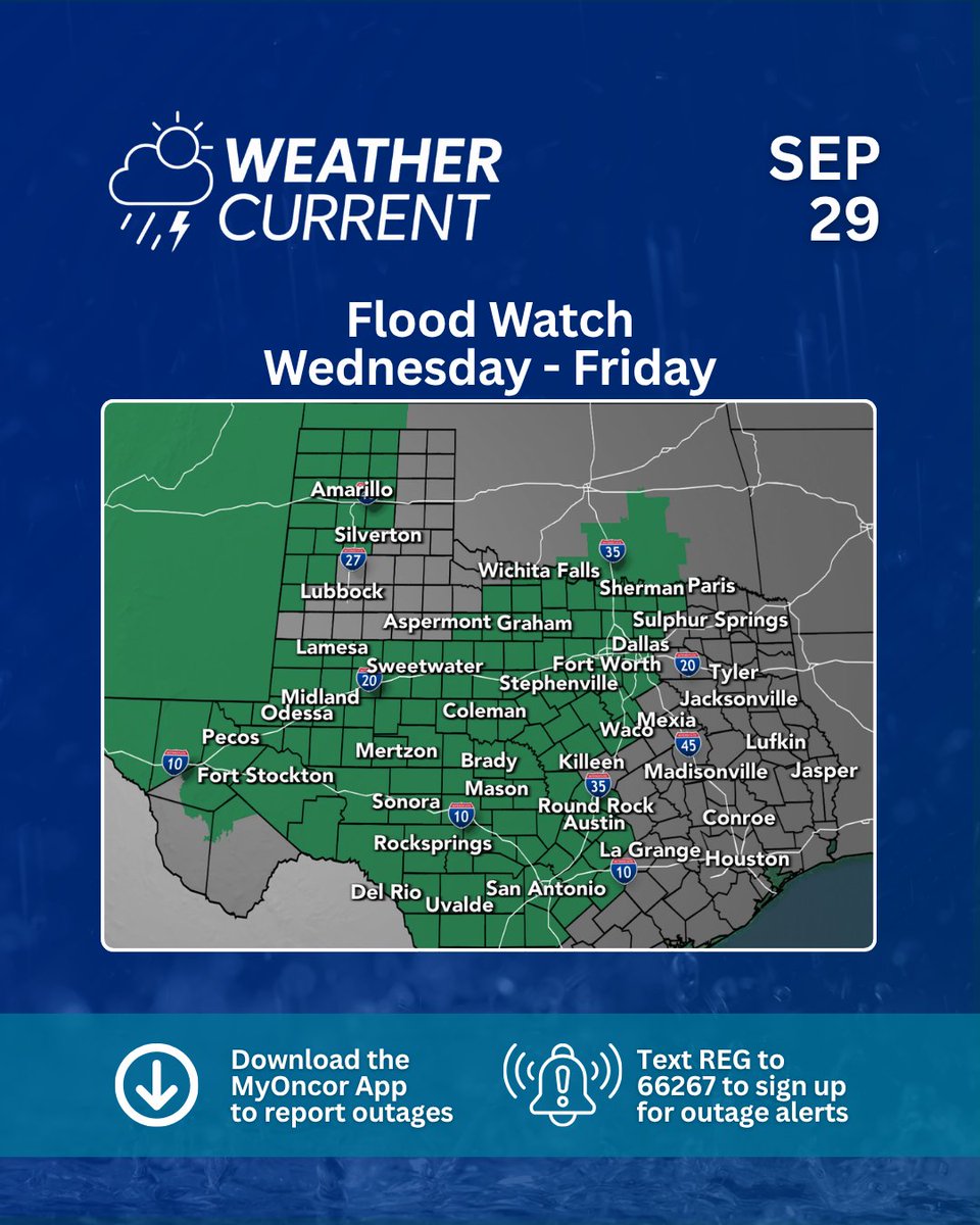 oncor's tweet photo. 🌧️⚠️ 𝙁𝙡𝙤𝙤𝙙 𝙒𝙖𝙩𝙘𝙝 𝙒𝙚𝙙𝙣𝙚𝙨𝙙𝙖𝙮 𝙩𝙝𝙧𝙤𝙪𝙜𝙝 𝙁𝙧𝙞𝙙𝙖𝙮 

Several days of heavy rain could result in rainfall totals of 2 to 5 inches, with isolated areas seeing up to 8 inches. https://t.co/58rAYNYZFt