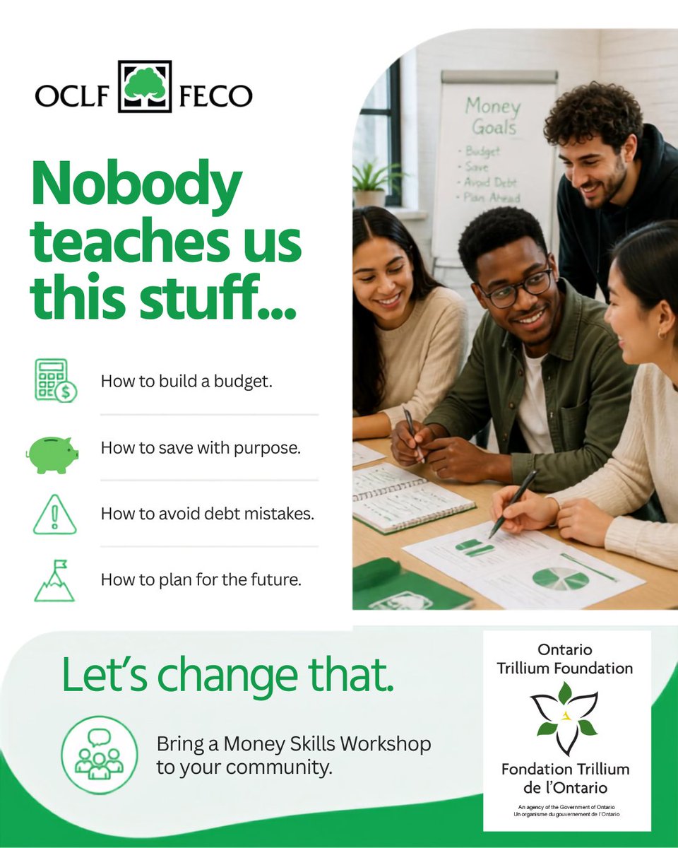 OCLF_FECO's tweet photo. OCLF is looking for community partners to host Money Skills Workshops that help participants learn budgeting, saving, debt management, and financial planning.

📩 Contact Arezou Nooristani at arezou@oclf.org

#MoneySkills #CommunityPartnerships #OCLF #OTFSupported https://t.co/7zLr8iqZCn