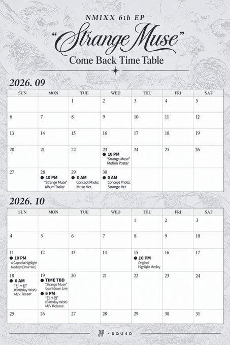 A 'Come Back Time Table' schedule for NMIXX 6th EP 'Strange Muse' showing release dates and content drops from September to October 2026.