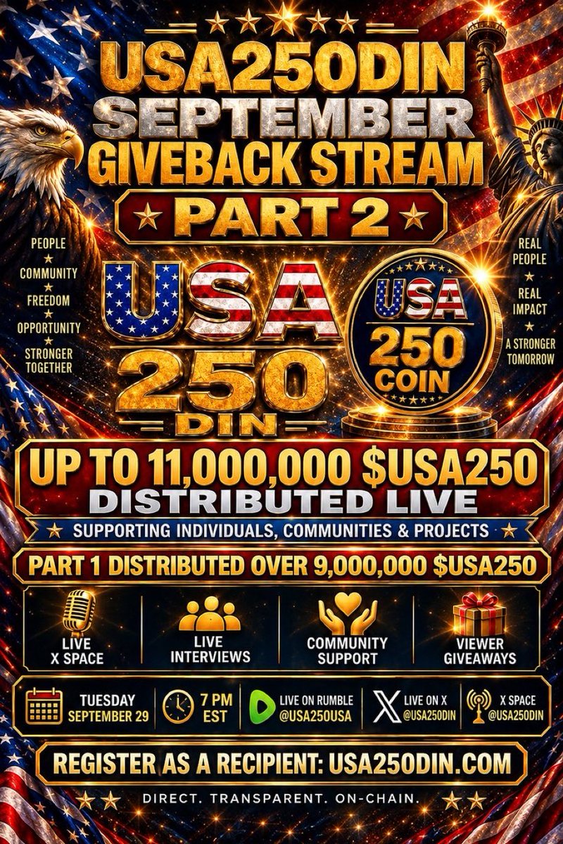 USA250DIN's tweet photo. Make sure you are with us tonight at 7 PM ET for part 2 of the USA250DIN September Giveback Stream!

We’ll be live on X Spaces to hear from and support as many people + projects as possible! https://t.co/e7cNQaoJvR