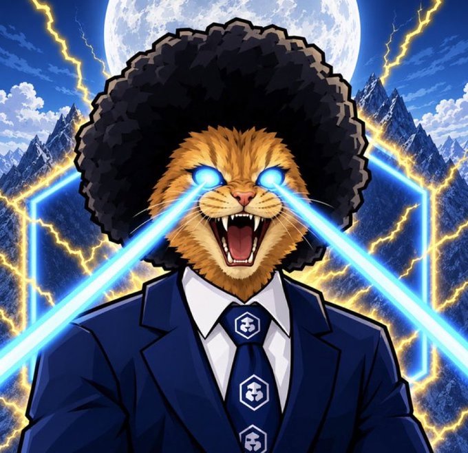 A vibrant digital illustration of a fierce lion-like character with a large afro, wearing a dark blue suit with a logo tie, shooting blue laser beams from its glowing eyes against a dramatic background with mountains, lightning, and a moon.