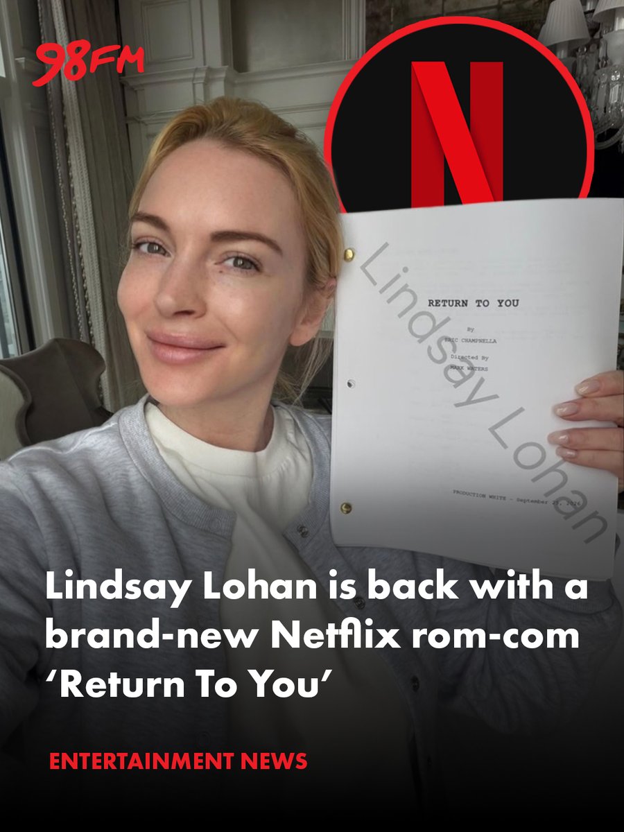 98FM's tweet photo. 🎬❤️ Lindsay Lohan is back with a brand-new rom-com, starring opposite Henry Golding in Return To You. 👀

The movie is being directed by Mark Waters, who previously worked with Lindsay on Mean Girls AND Freaky Friday! 😳

#98fm #LindsayLohan #ReturnToYou https://t.co/aAmK8js9GS