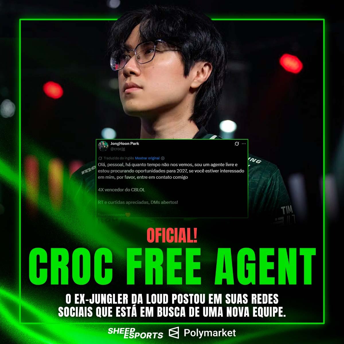 SheepEsportsBR's tweet photo. 🚨

Tetracampeão do CBLOL, 🇰🇷 Croc anunciou que oficialmente está livre para receber propostas.

O sul-coreano deixa o exército no fim deste mês e busca oportunidades para a temporada de 2027. https://t.co/H5XFQvVkb7