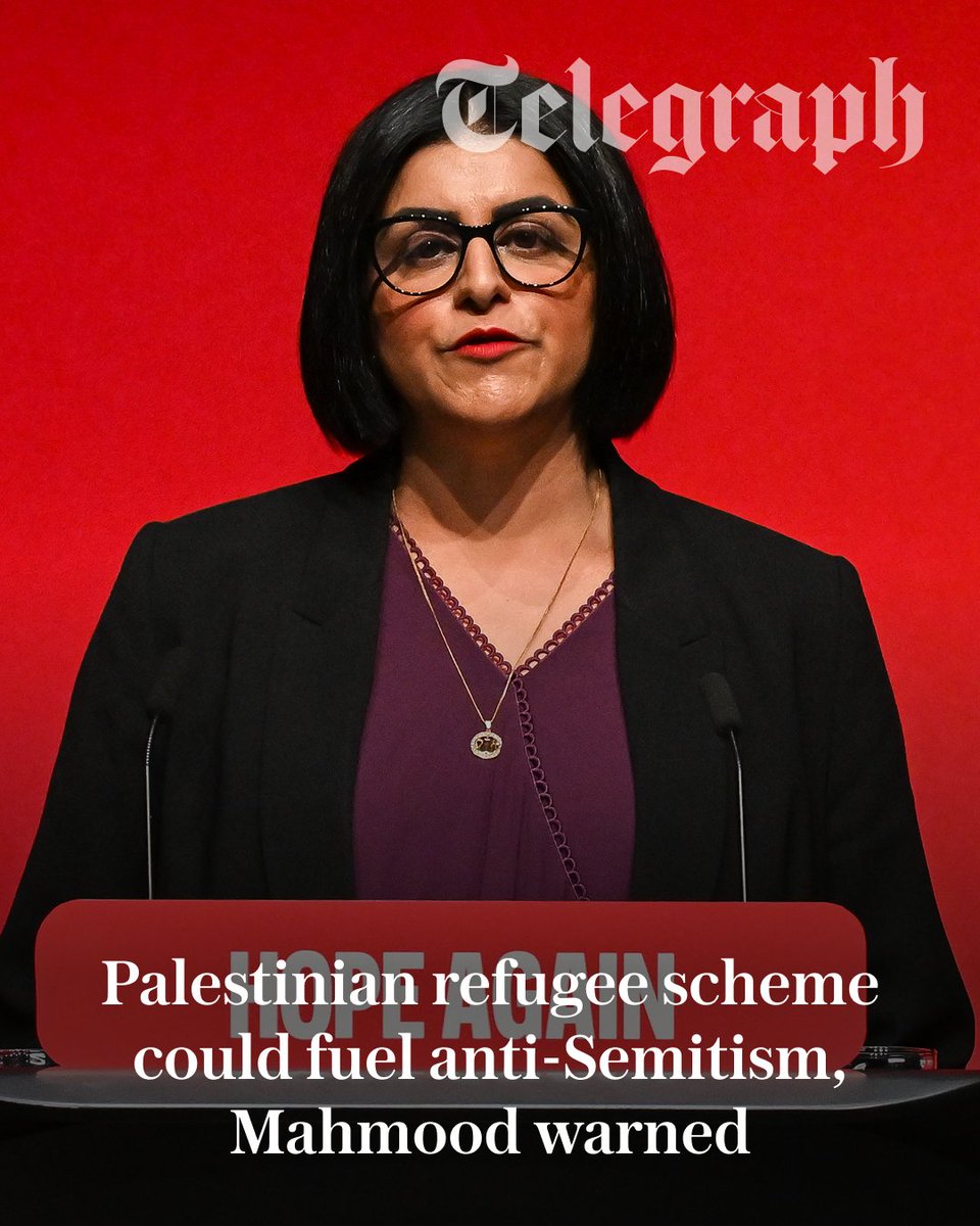 Telegraph's tweet photo. A new resettlement scheme for Palestinian refugees could fuel anti-Semitism in Britain, Jewish leaders have told Shabana Mahmood.

Unlike other refugees, whose status is reviewed every 30 months, they will be entitled to immediate, indefinite leave to remain – effectively fast-tracking their settlement and citizenship.

🔗:https://t.co/stFL63CtuO
