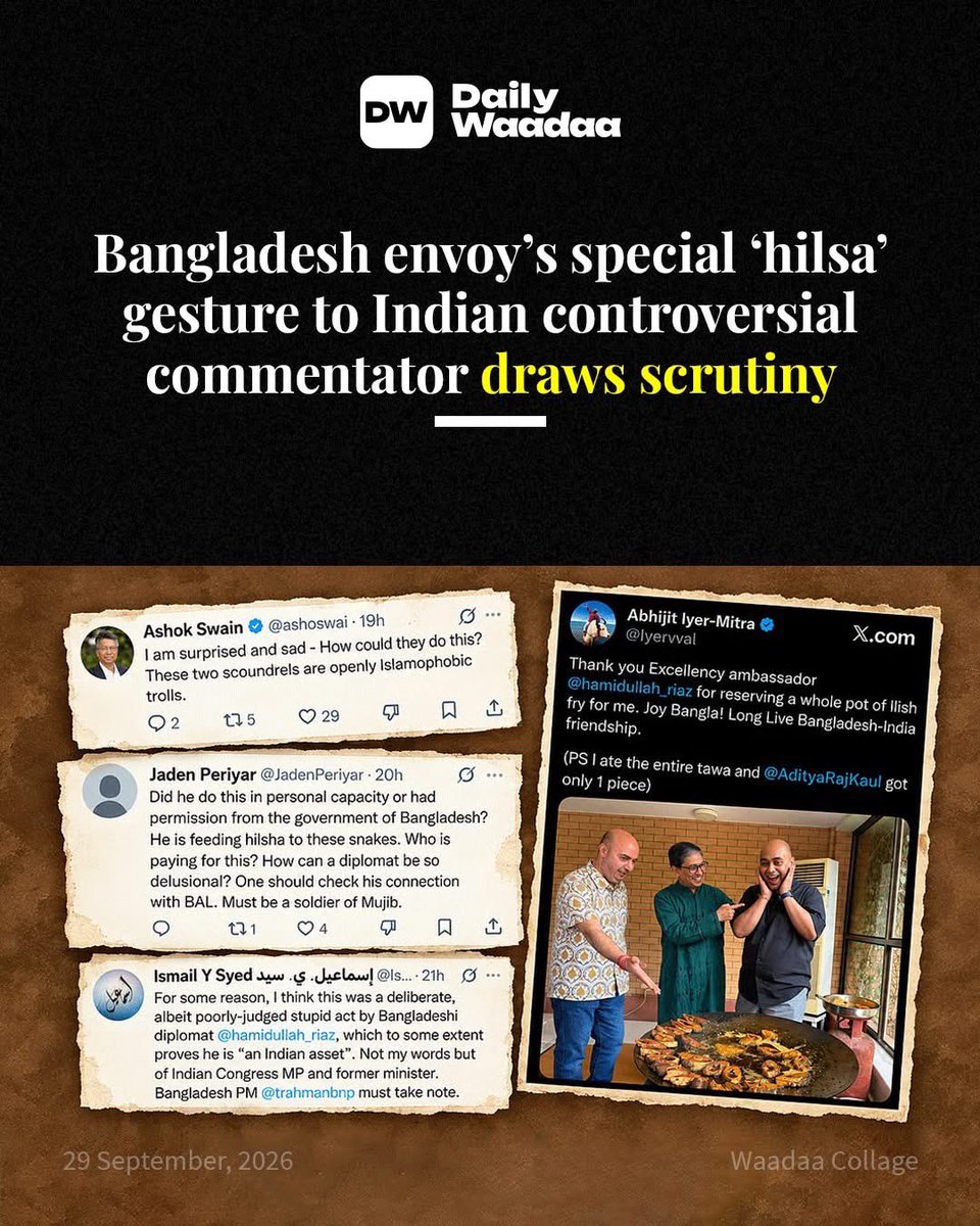 ZulkarnainSaer's tweet photo. Bangladesh High Commissioner to India Riaz Hamidullah’s decision to extend special hospitality to controversial Indian commentator Abhijit Iyer-Mitra at a hilsa festival in New Delhi has drawn questions over the mission’s choice of guests and the message conveyed by the gesture.

https://t.co/PcWj09D1mp