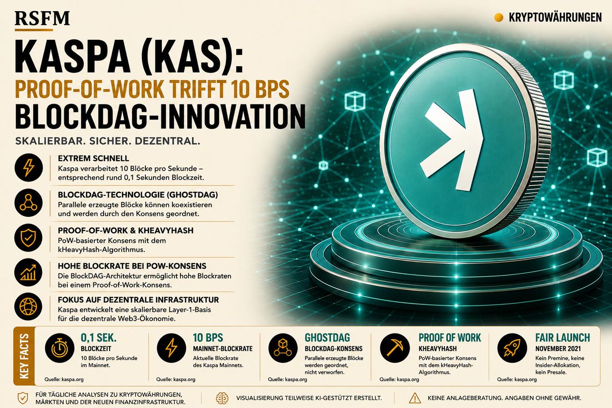 RSFM_Official's tweet photo. ⚙️ KASPA: PROOF-OF-WORK TRIFFT 10 BPS

Kaspa verfolgt einen technisch ungewöhnlichen Ansatz: die Sicherheit eines Proof-of-Work-Netzwerks mit einer BlockDAG-Architektur, die parallele Blöcke ermöglicht.

Die wichtigsten Fakten:

• 10 Blöcke pro Sekunde im Mainnet
• Rund 0,1 Sekunden Blockzeit
• GHOSTDAG ordnet parallel erzeugte Blöcke im Konsens
• Proof-of-Work mit kHeavyHash
• Fair Launch im November 2021 – ohne Premine, Insider-Allokation oder Presale

Der entscheidende Unterschied liegt in der Architektur.

Während klassische Blockchains Blöcke weitgehend linear aneinanderreihen, nutzt Kaspa ein BlockDAG-Modell. Dadurch soll eine höhere Blockrate möglich werden, ohne den Proof-of-Work-Konsens aufzugeben.

Für Kaspa wird langfristig entscheidend sein, ob diese technische Skalierbarkeit auch in wachsende reale Nutzung und wirtschaftliche Aktivität übersetzt werden kann.

#Kaspa #KAS #Krypto