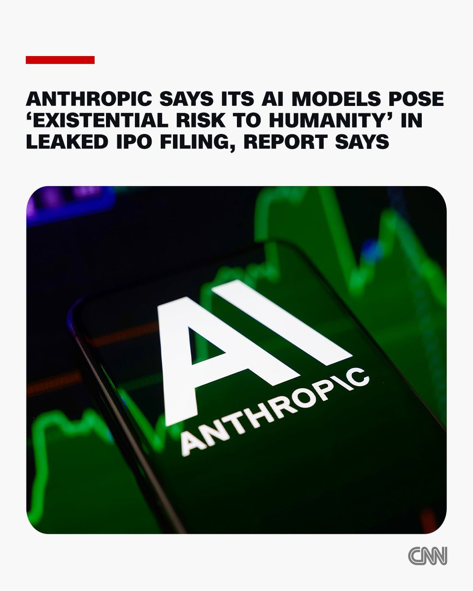 cnni's tweet photo. Anthropic says its AI models could pose a "catastrophic or existential risk to humanity" and can "resist shutdown," according to an initial public offering prospectus obtained by Reuters. https://t.co/6i67ABj8Jk https://t.co/CshT33AC4G