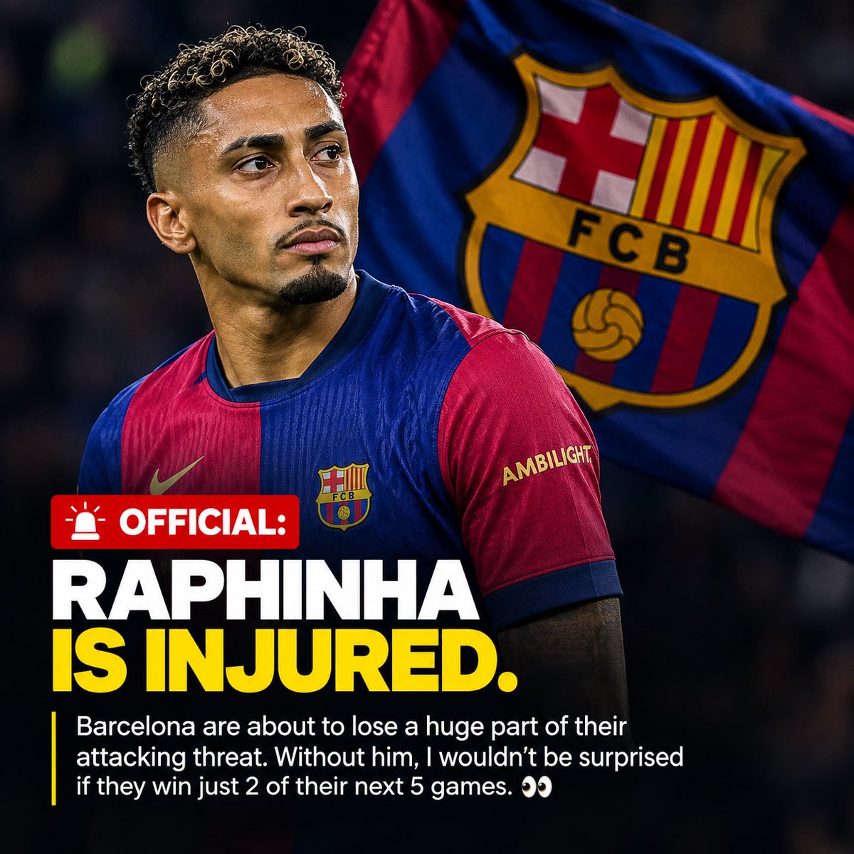 AAbugri40871's tweet photo. 🚨 Official: Raphinha is injured.

Barcelona are about to lose a huge part of their attacking threat. Without him, I wouldn’t be surprised if they win just 2 of their next 5 games. 👀 https://t.co/mvcyeEG4k4