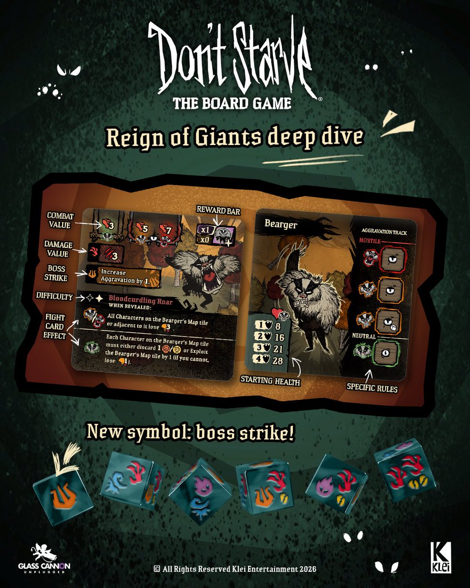 GCUtabletop's tweet photo. Reign of Giants brings Bearger, Deerclops, Moose/Goose, and Dragonfly to Don’t Starve: The Board Game. Wigfrid is joining the fight too! ⚔️

Which Giant are you most excited or terrified to face?

Late pledge today! 👉 https://t.co/hblJUAr91l

#boardgames #dontstarve https://t.co/okaOH7e2MZ