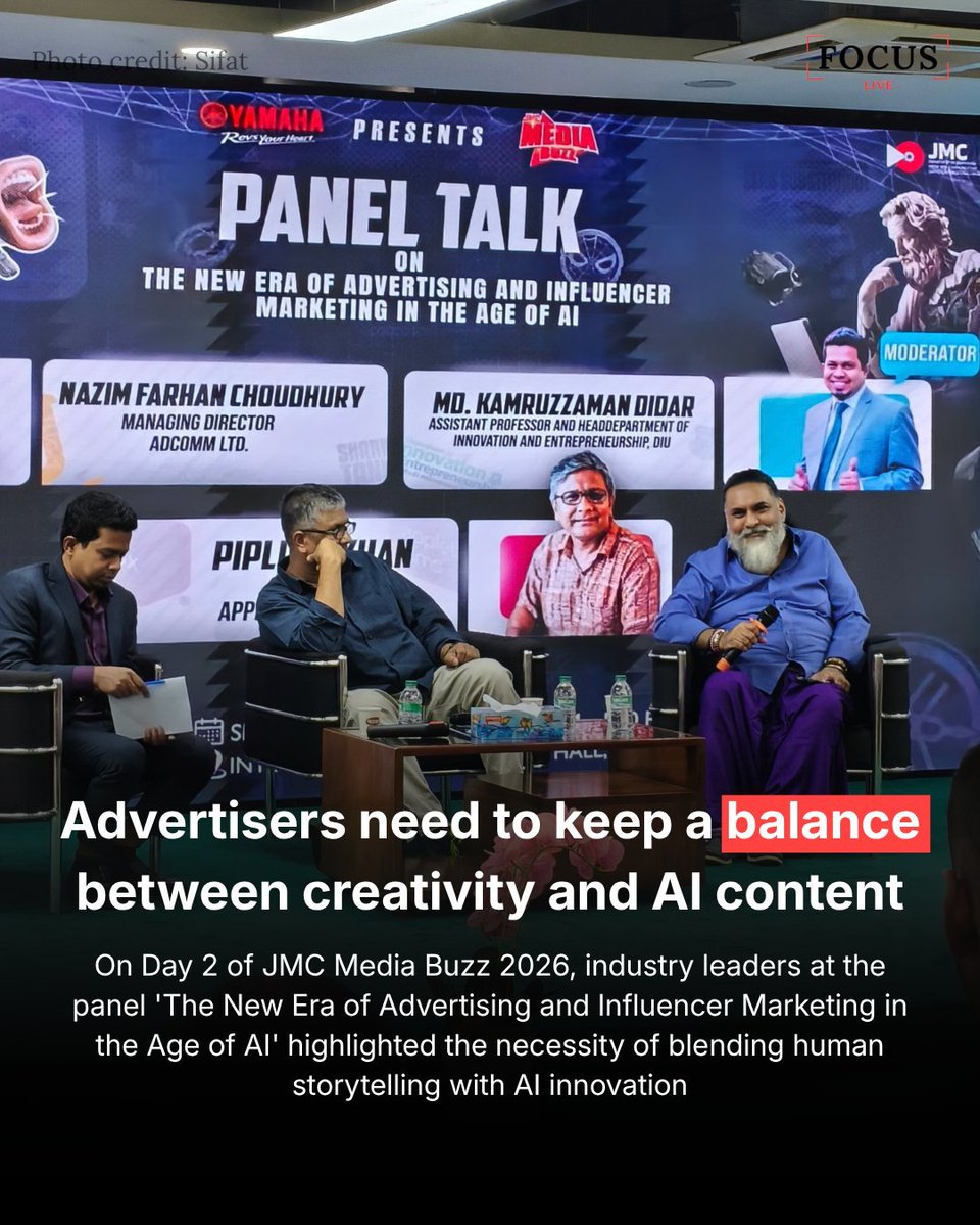 VoiceofTimevof's tweet photo. Day 2 of #JMCMediaBuzz explored advertising in the AI era highlighting how human creativity and AI tools can work together to shape the future of advertising. 

Photo credit:@FocusLive24

#JMCMediaBuzz #Advertising #PipluRKhan #Dhaka #jmconlinemojo @MoJoJamil https://t.co/r2ynJnjIGN