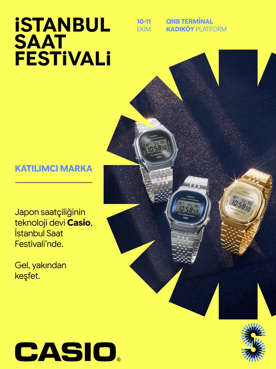 IstWatchFest's tweet photo. Japonya’nın köklü teknoloji ve saatçilik devlerinden Casio, onlarca yıldır yenilikçi mühendisliği, işlevselliği ve kendine özgü tasarım anlayışıyla saat dünyasının en tanınan markalarından biri.

Casio’nun farklı karakterlere sahip saatçilik dünyasını Casio, G-SHOCK ve EDIFICE koleksiyonlarıyla keşfetmek için #IstanbulWatchFestival’e bekliyoruz.

Istanbul Watch Festival
10–11 Ekim
QNB Terminal Kadıköy Platform

--------

One of Japan’s most established technology and watchmaking giants, Casio has been one of the world’s most recognisable names in watches for decades, known for its innovative engineering, functionality and distinctive approach to design.

Discover the many sides of Casio watchmaking through the Casio, G-SHOCK and EDIFICE collections at #IstanbulWatchFestival.

Istanbul Watch Festival
10–11 October
QNB Terminal Kadıköy Platform