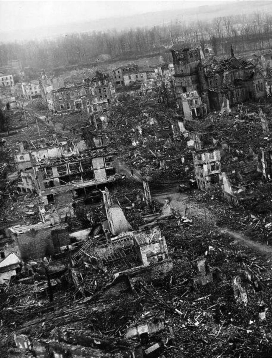 RabbiPoupko's tweet photo. Why was 97% of the German city of Jülich destroyed by 1,188 British bombers dropping over 125,000 bombs in just 22 minutes in November of 1944? 

Because the Germans turned a civilian City into a fortress packed with soldiers, mines, and stopping anyone from crossing the Rur River.

To all those complaining about structural damage in Germany or in Gaza I suggest you pick up the phone and call 1800-DON'T-START-WARS
or 1800-SURRENDER-FOR-PEACE